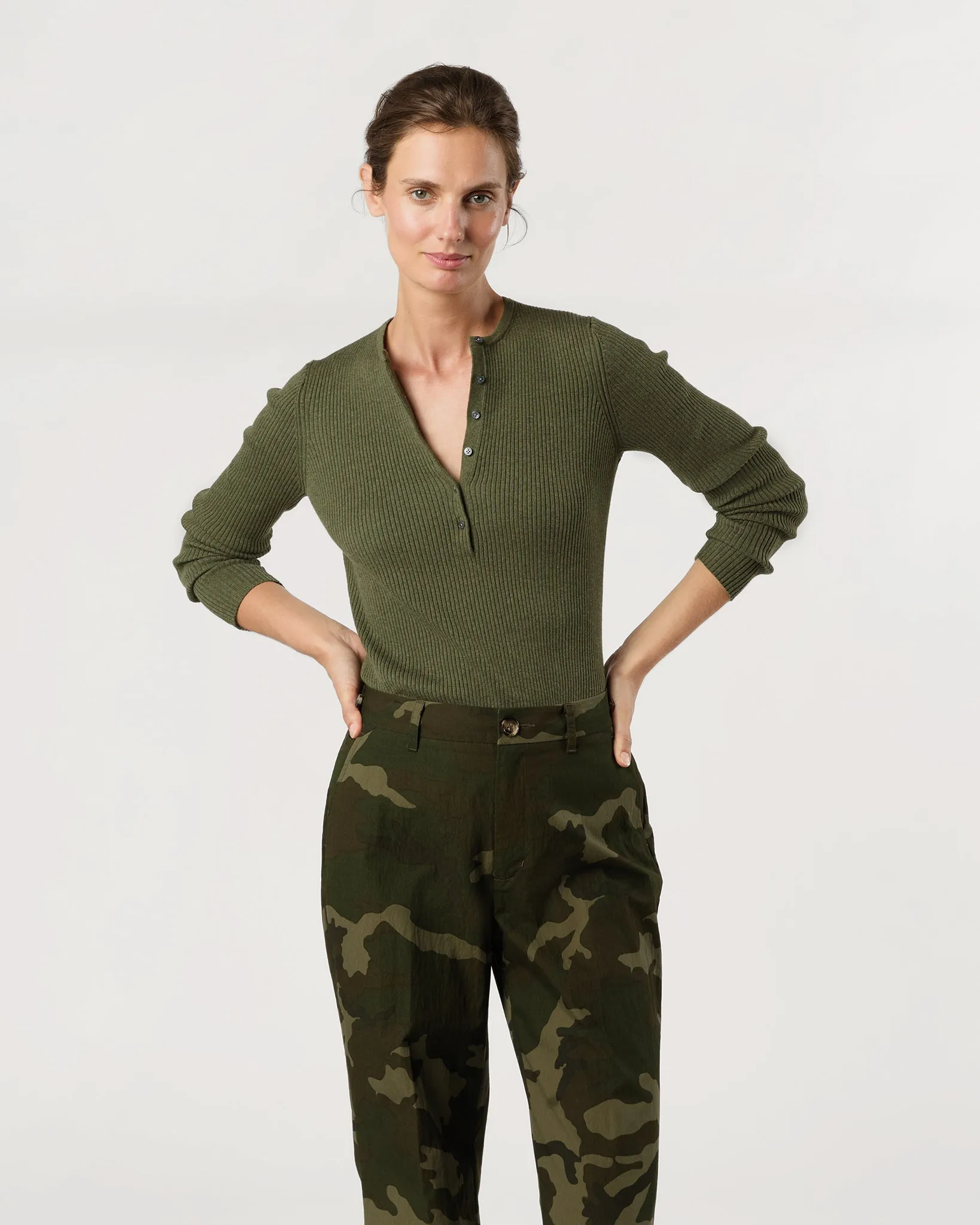 Long-Sleeved Nia Ribbed Henley in Covert Green Cotton/Silk sold by Mashburn product image thumbnail 4