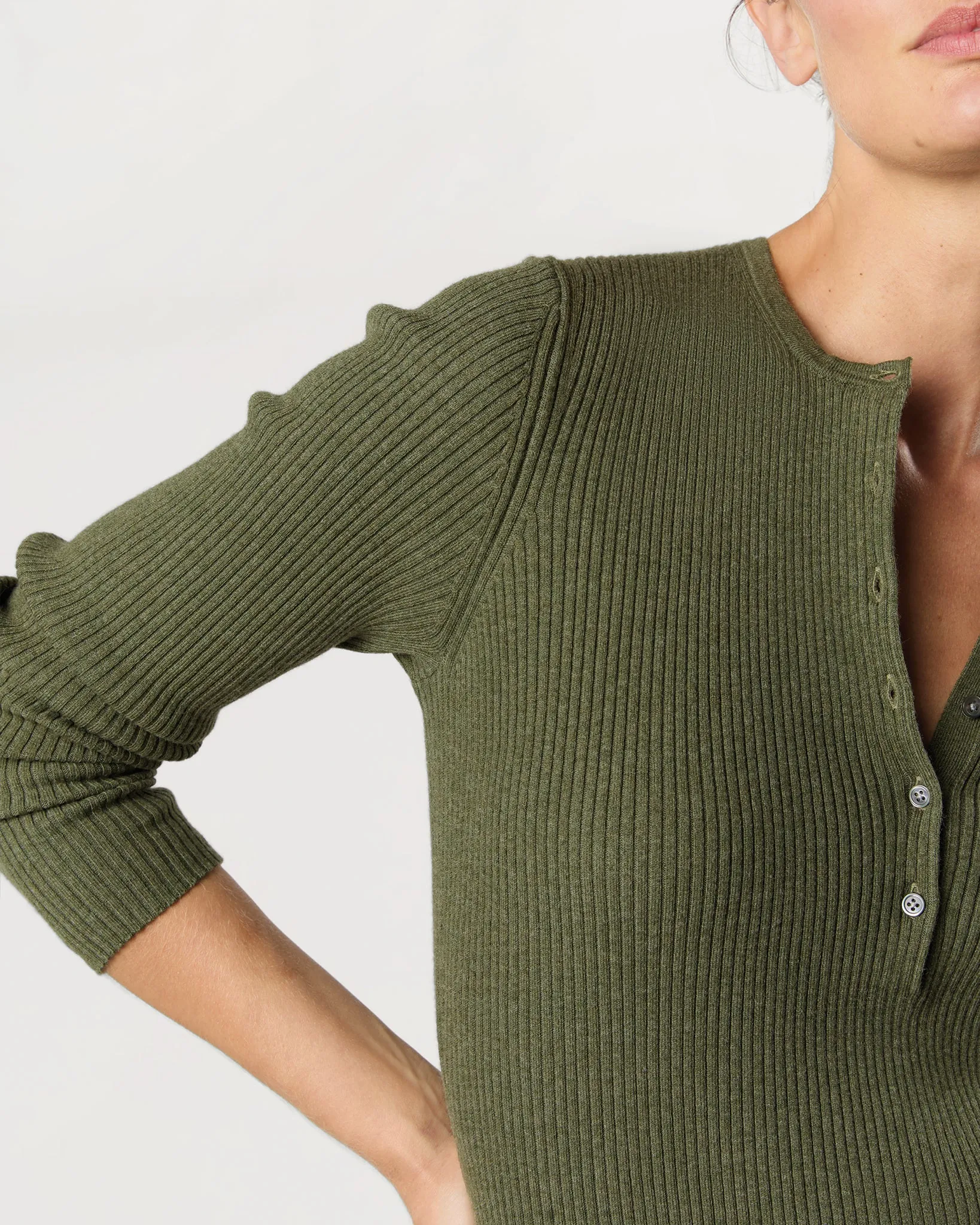 Long-Sleeved Nia Ribbed Henley in Covert Green Cotton/Silk sold by Mashburn product image thumbnail 2