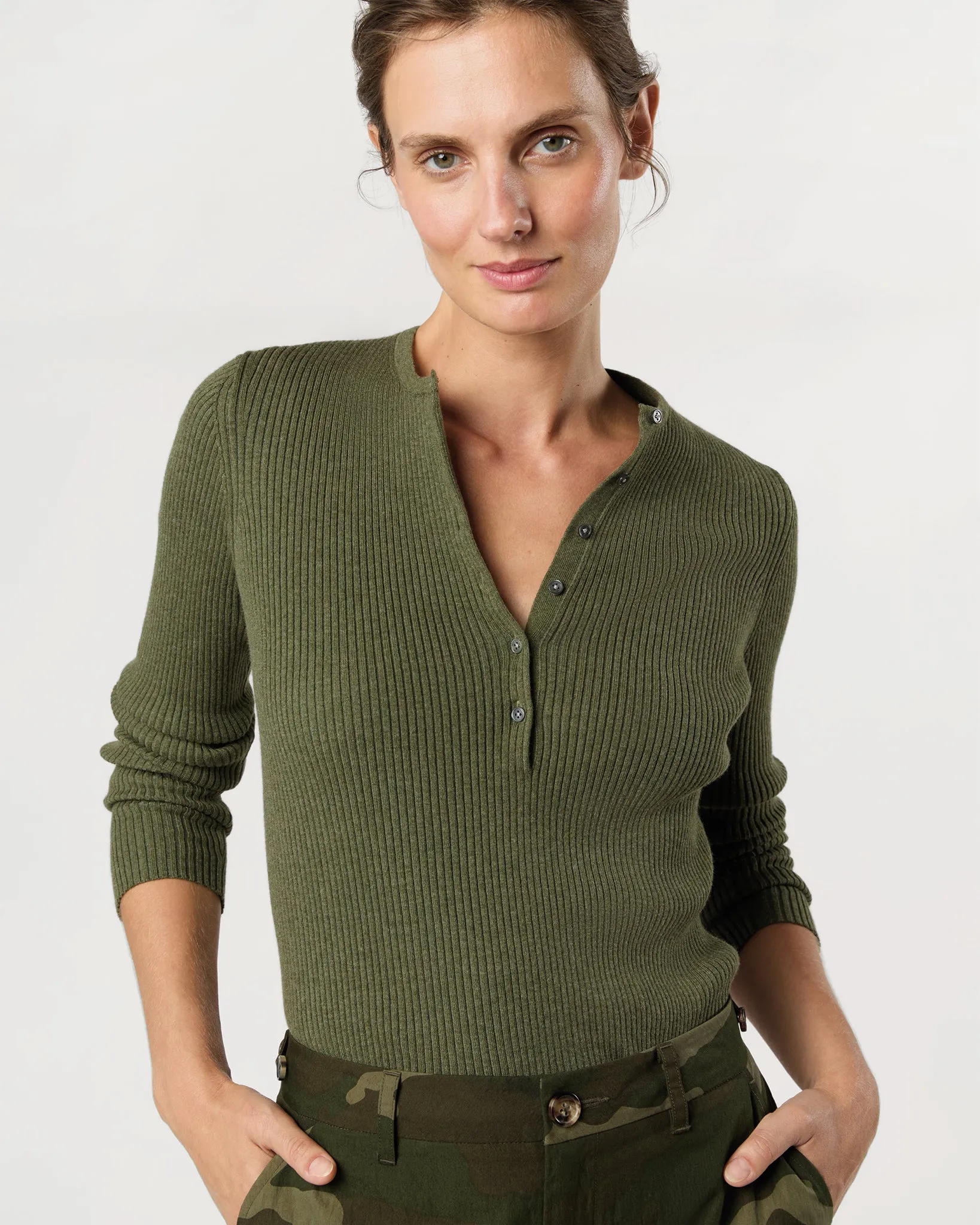 Long-Sleeved Nia Ribbed Henley in Covert Green Cotton/Silk sold by Mashburn