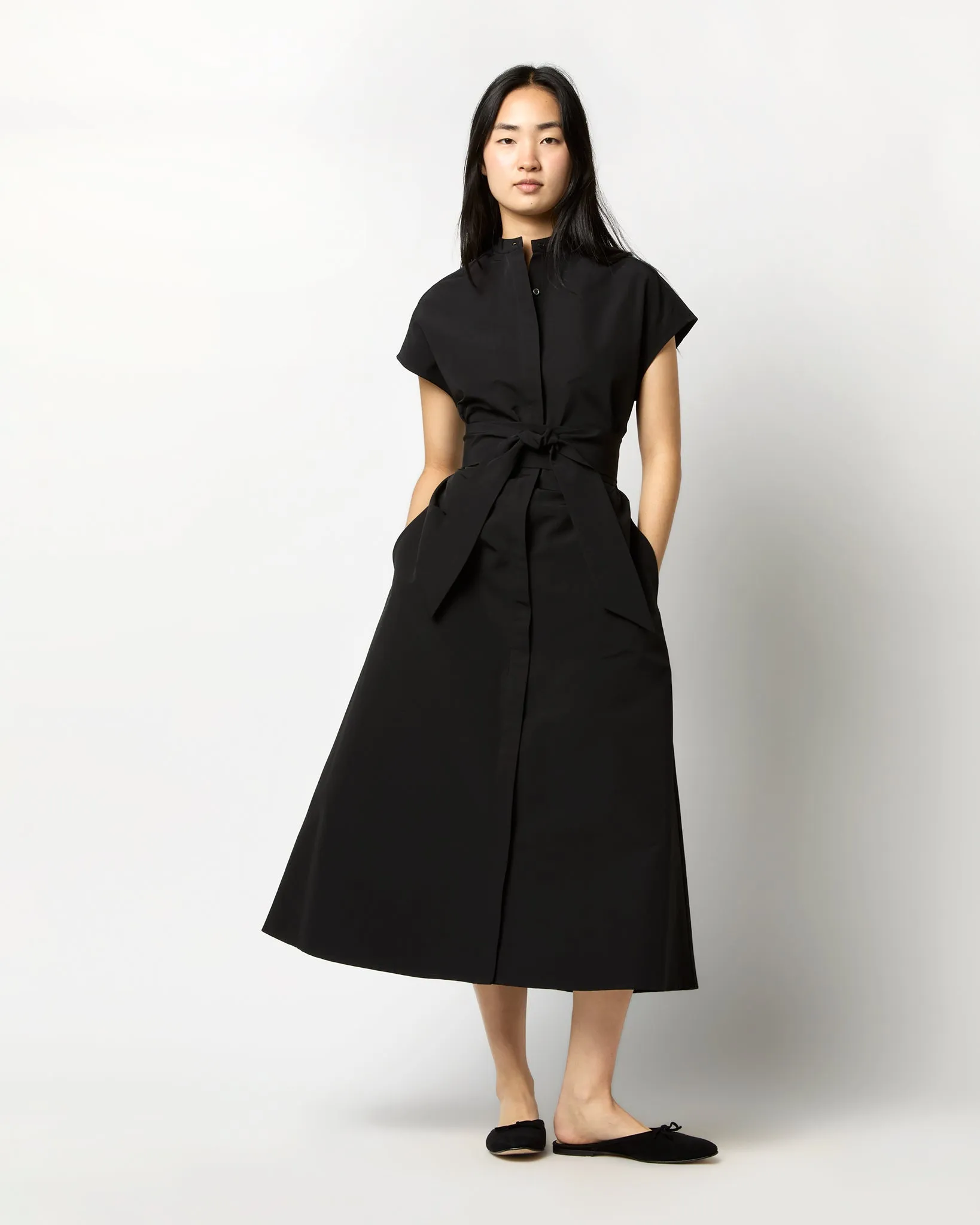 Gianna Maxi Shirtdress in Black Cotton/Nylon Faille sold by Mashburn