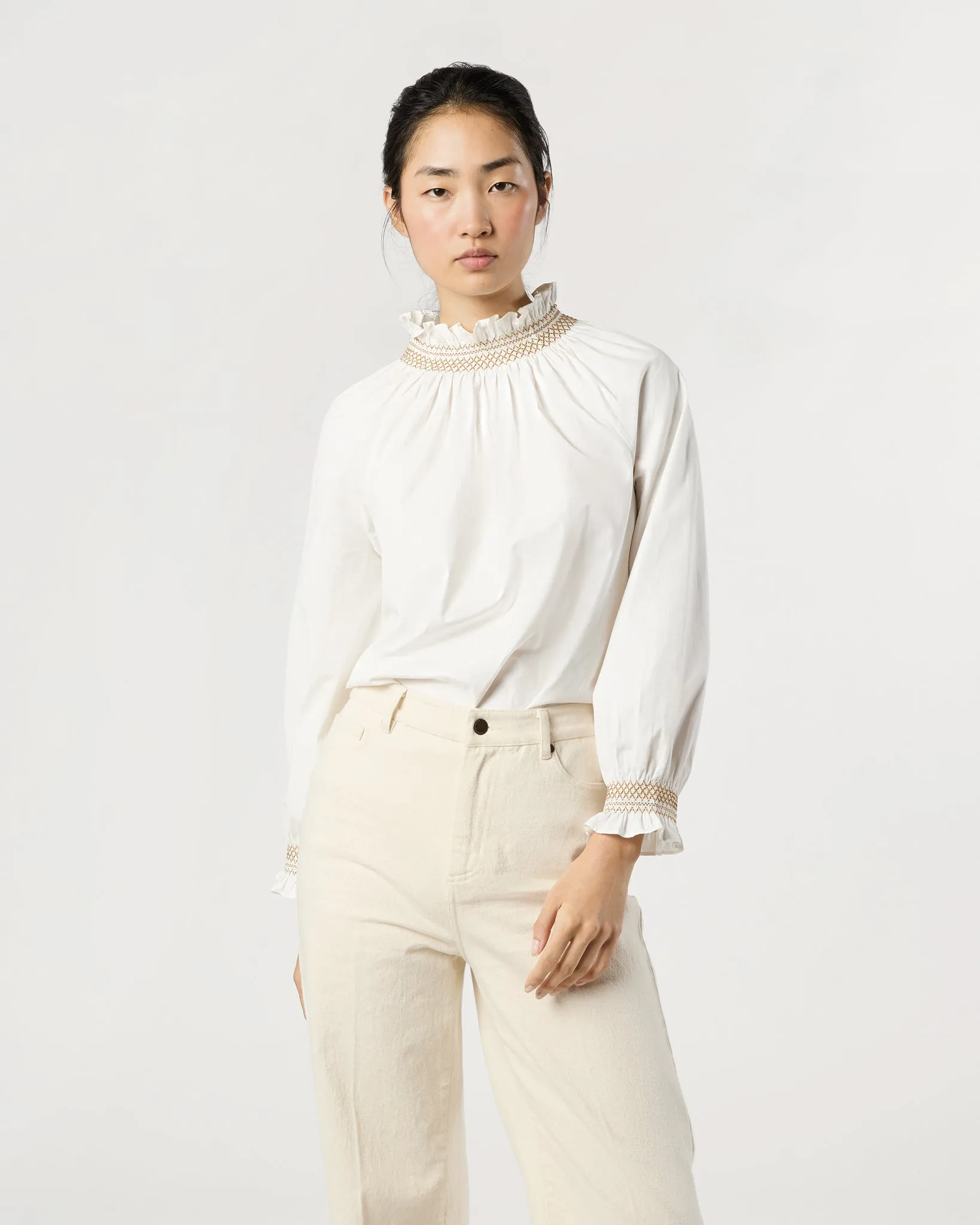 Phoebe Smocking Top in Ivory Poplin sold by Mashburn