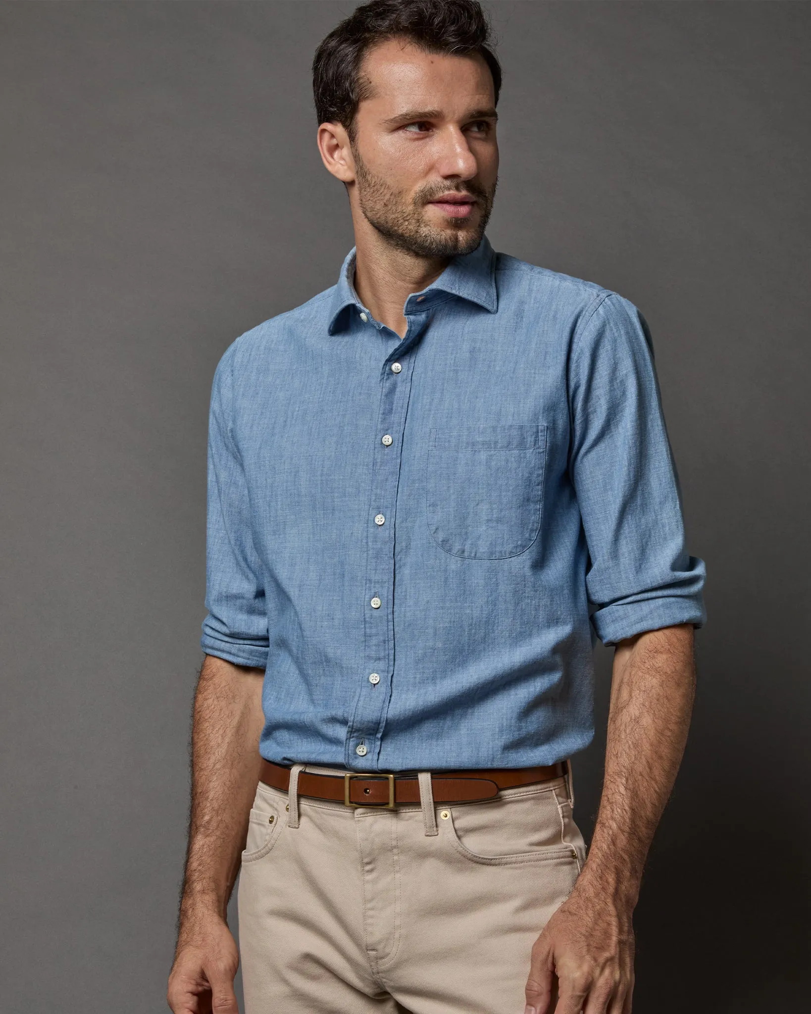 Spread Collar Sport Shirt in Extra Light Washed Indigo Chambray sold by Mashburn product image thumbnail 2