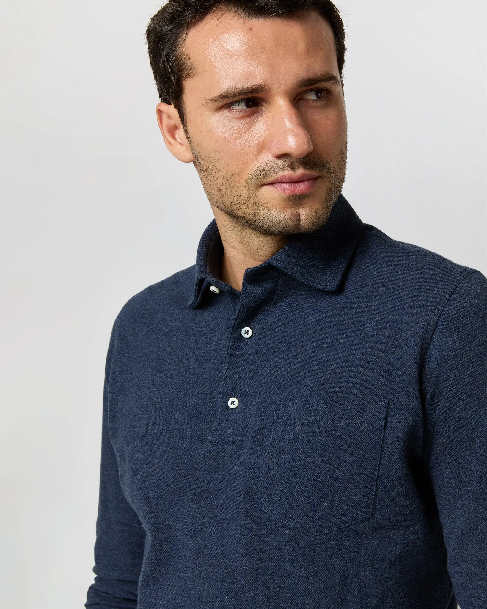 Long-Sleeved Polo in Heather Denim Pima Pique sold by Mashburn product image thumbnail 2