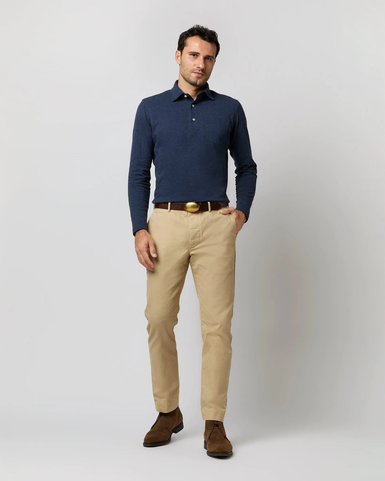 Long-Sleeved Polo in Heather Denim Pima Pique sold by Mashburn product image thumbnail 3