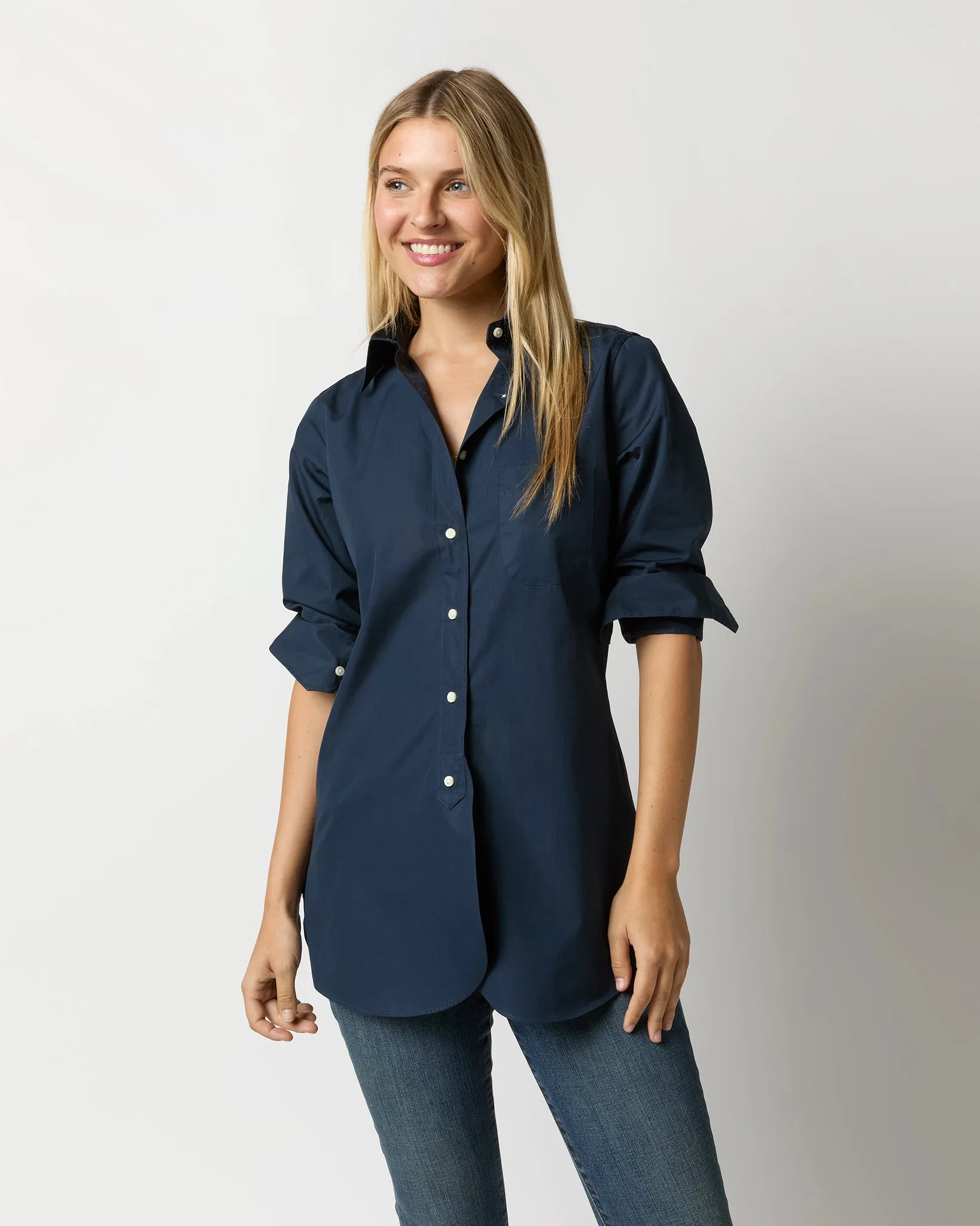 Boyfriend Shirt in Navy Poplin sold by Mashburn