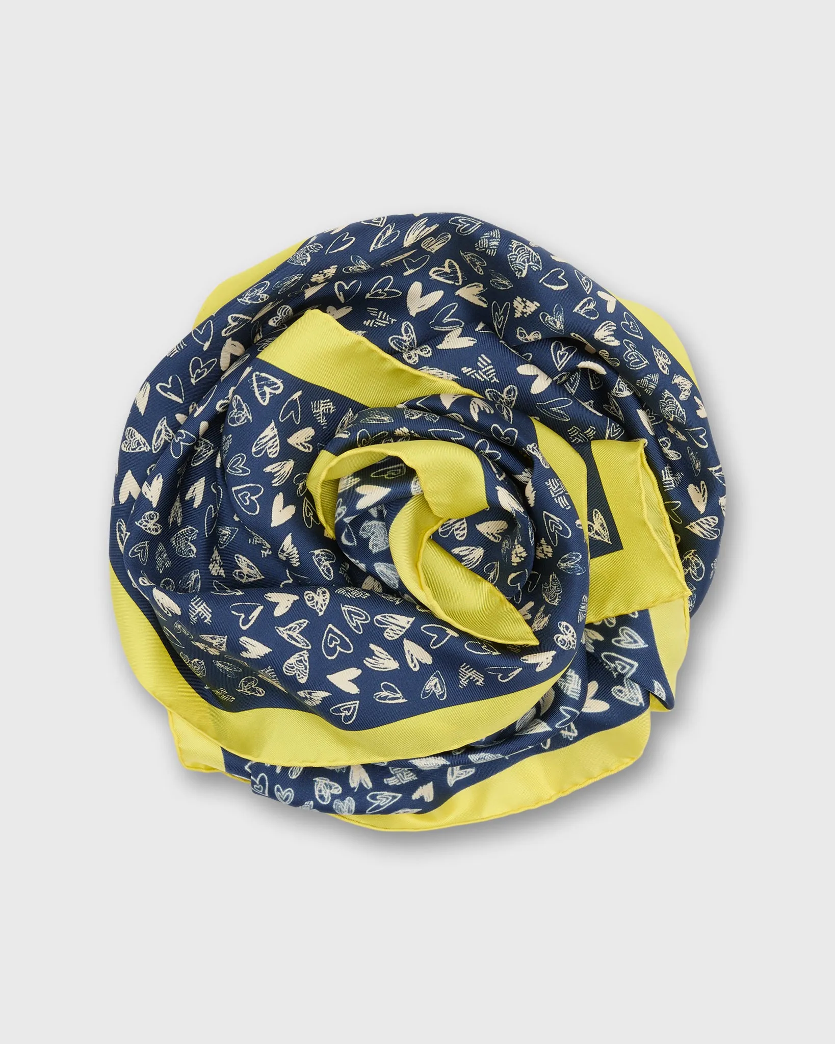 Medium Hand-Rolled Silk Scarf in Blue/Yellow Hearts sold by Mashburn
