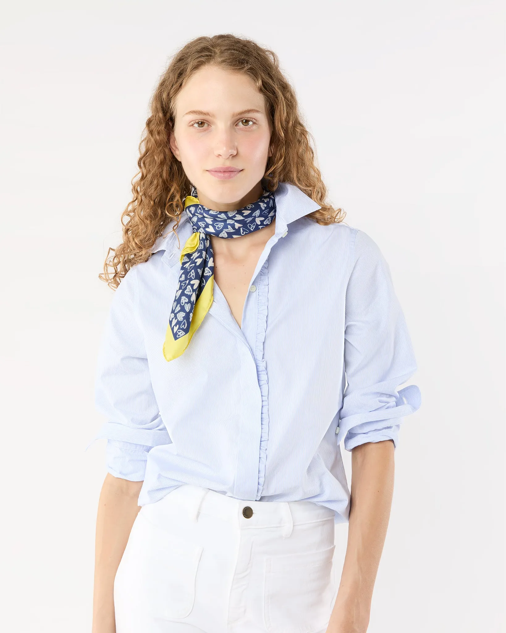 Medium Hand-Rolled Silk Scarf in Blue/Yellow Hearts sold by Mashburn product image thumbnail 4