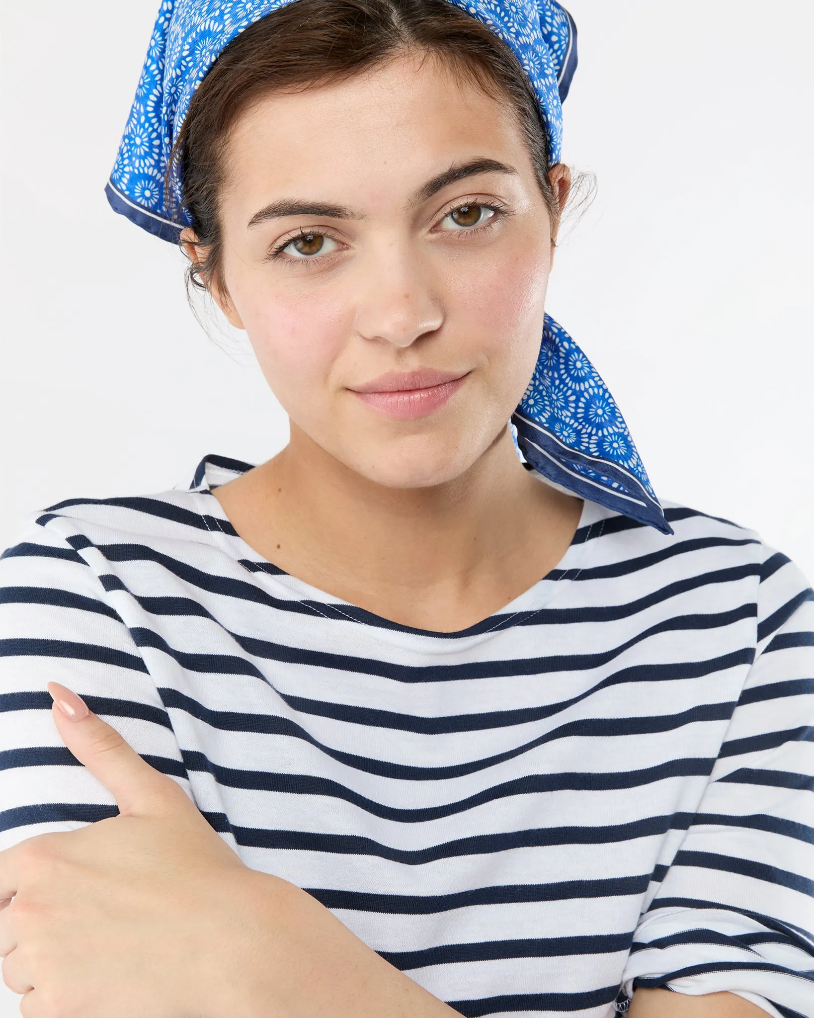 Medium Hand-Rolled Silk Scarf in Blue/Ivory Floral Block Print sold by Mashburn product image thumbnail 5