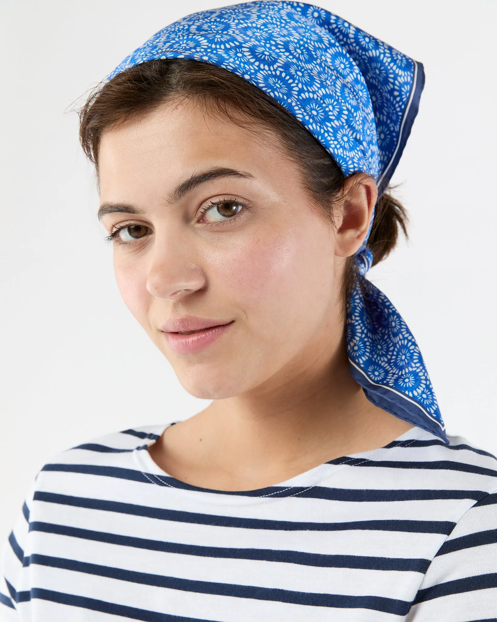 Medium Hand-Rolled Silk Scarf in Blue/Ivory Floral Block Print sold by Mashburn product image thumbnail 2