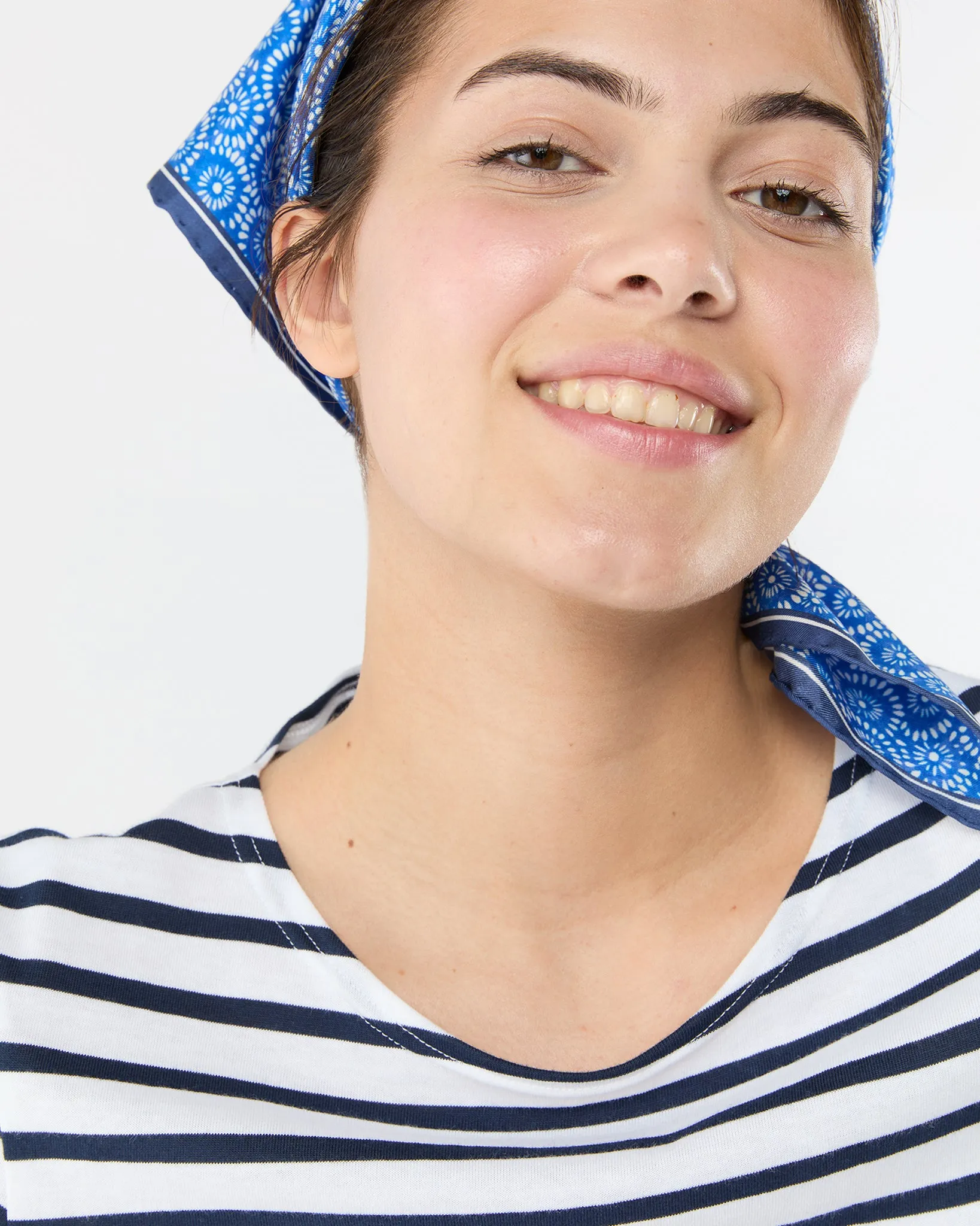 Medium Hand-Rolled Silk Scarf in Blue/Ivory Floral Block Print sold by Mashburn product image thumbnail 4