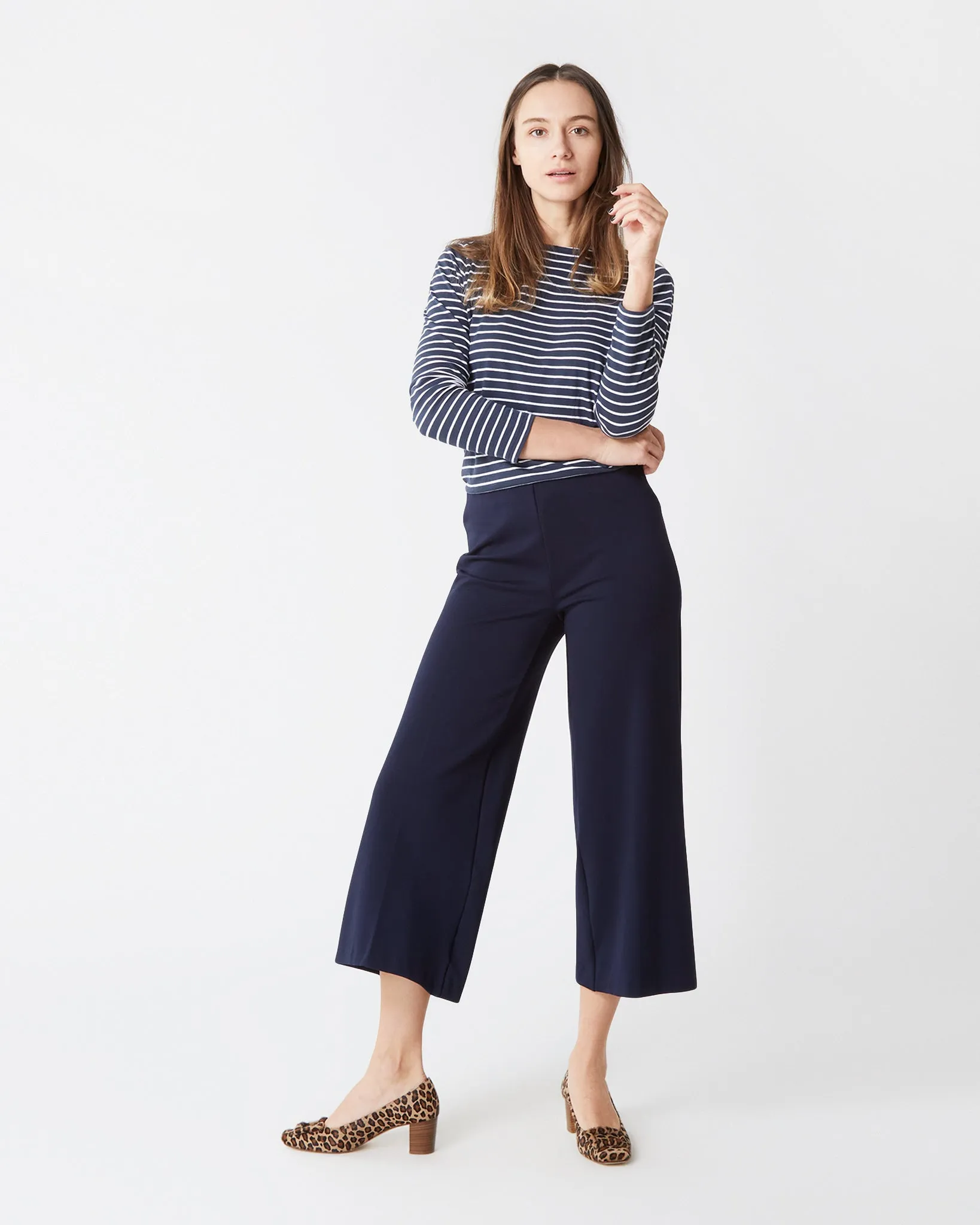 Faye Wide-Leg Cropped Pant in Navy Ponte Knit sold by Mashburn
