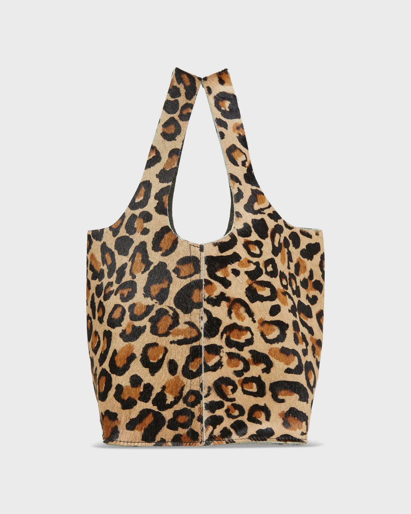 Paola Bucket Bag in Painterly Leopard Printed Pony sold by Mashburn