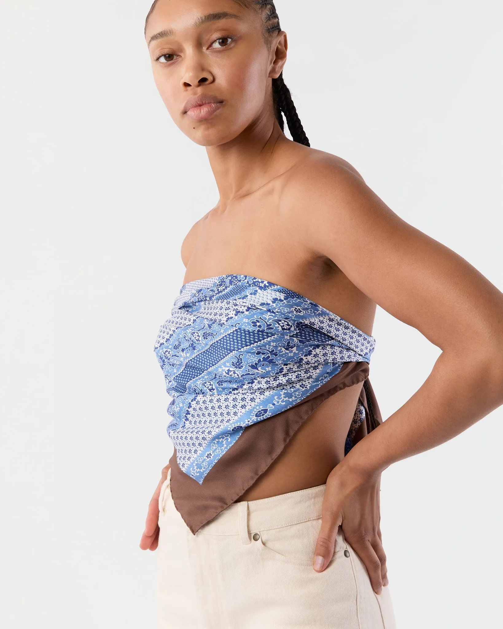 Large Hand-Rolled Silk Scarf in Blue/Brown Paisley Stripe sold by Mashburn product image thumbnail 3