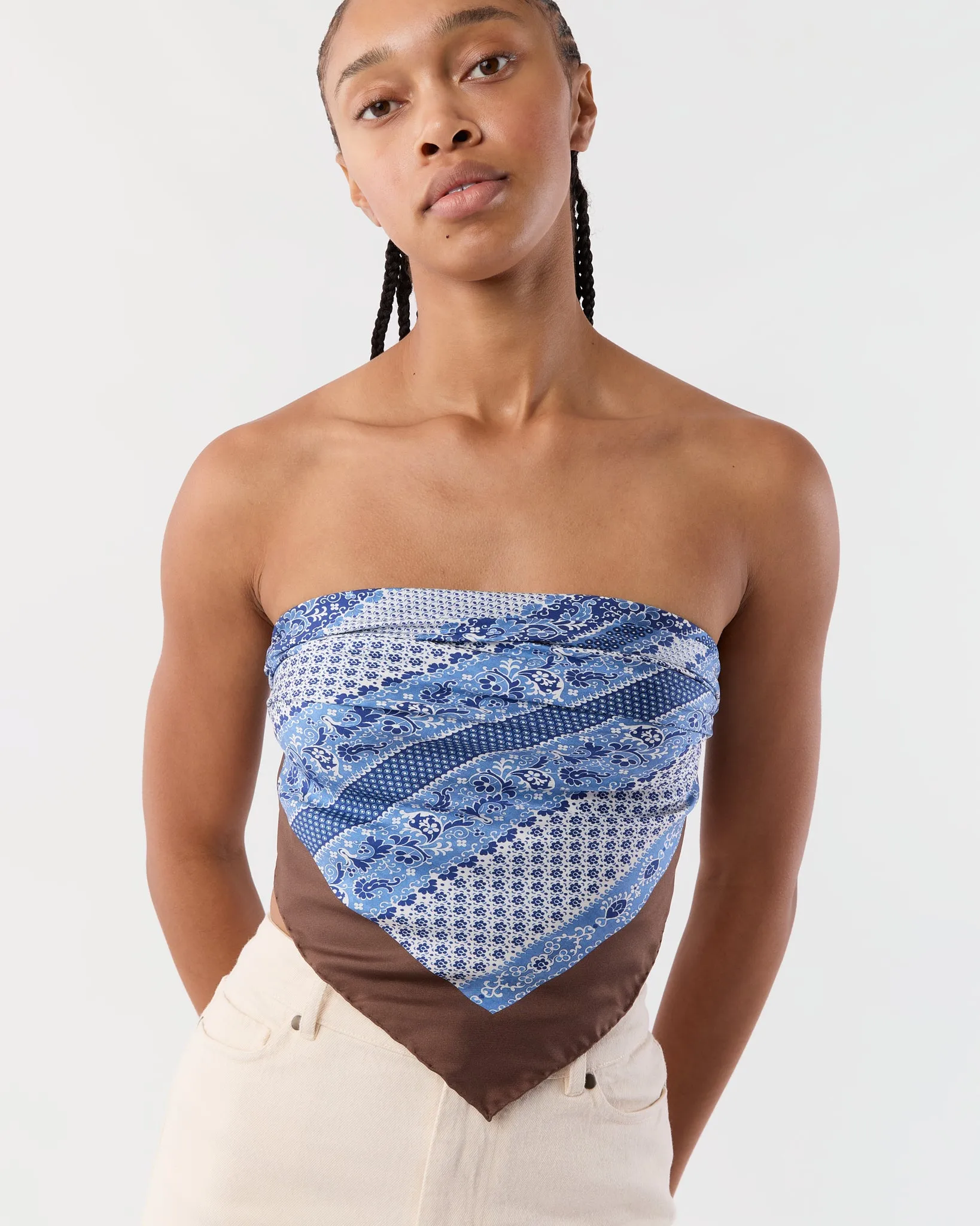 Large Hand-Rolled Silk Scarf in Blue/Brown Paisley Stripe sold by Mashburn product image thumbnail 2