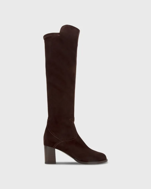 Heeled Pull-On Boot in Chocolate Suede sold by Mashburn