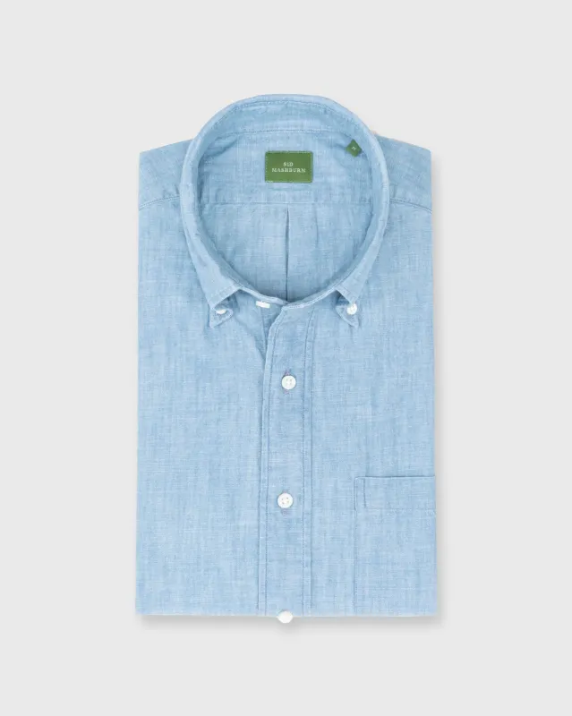Short-Sleeved Button-Down Sport Shirt in Extra Light Washed Indigo Chambray sold by Mashburn