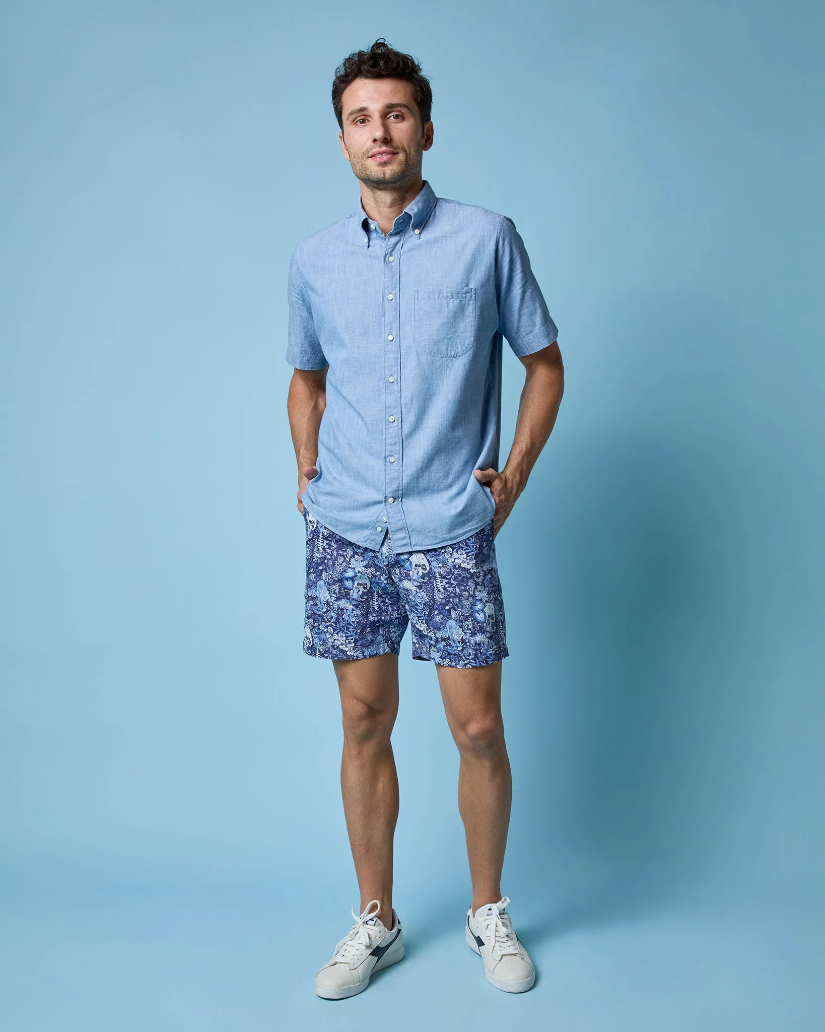 Short-Sleeved Button-Down Sport Shirt in Extra Light Washed Indigo Chambray sold by Mashburn product image thumbnail 2