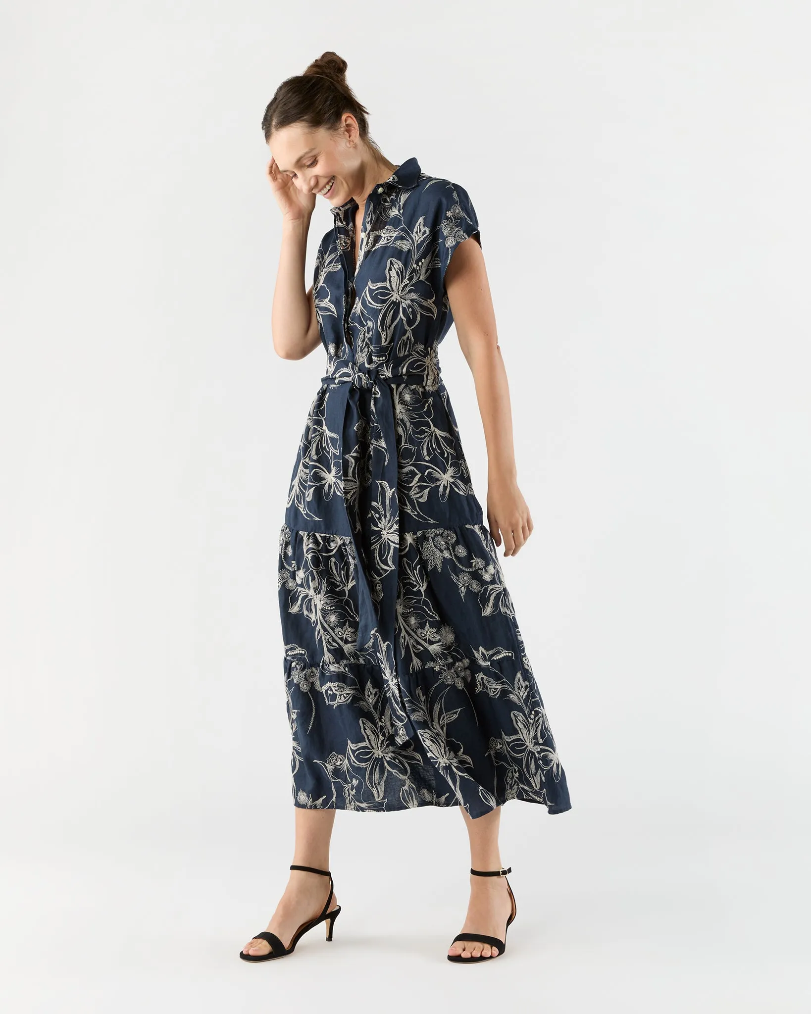 Sophia Popover Dress in Navy/Natural Embroidered Floral Linen sold by Mashburn