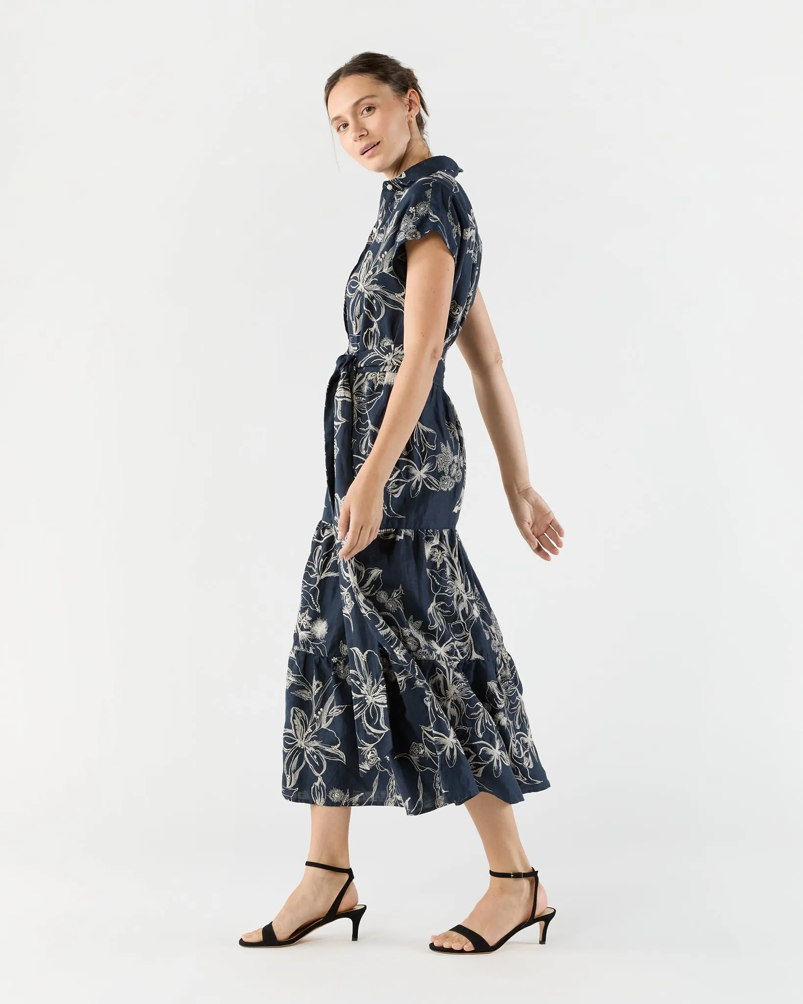 Sophia Popover Dress in Navy/Natural Embroidered Floral Linen sold by Mashburn product image thumbnail 3