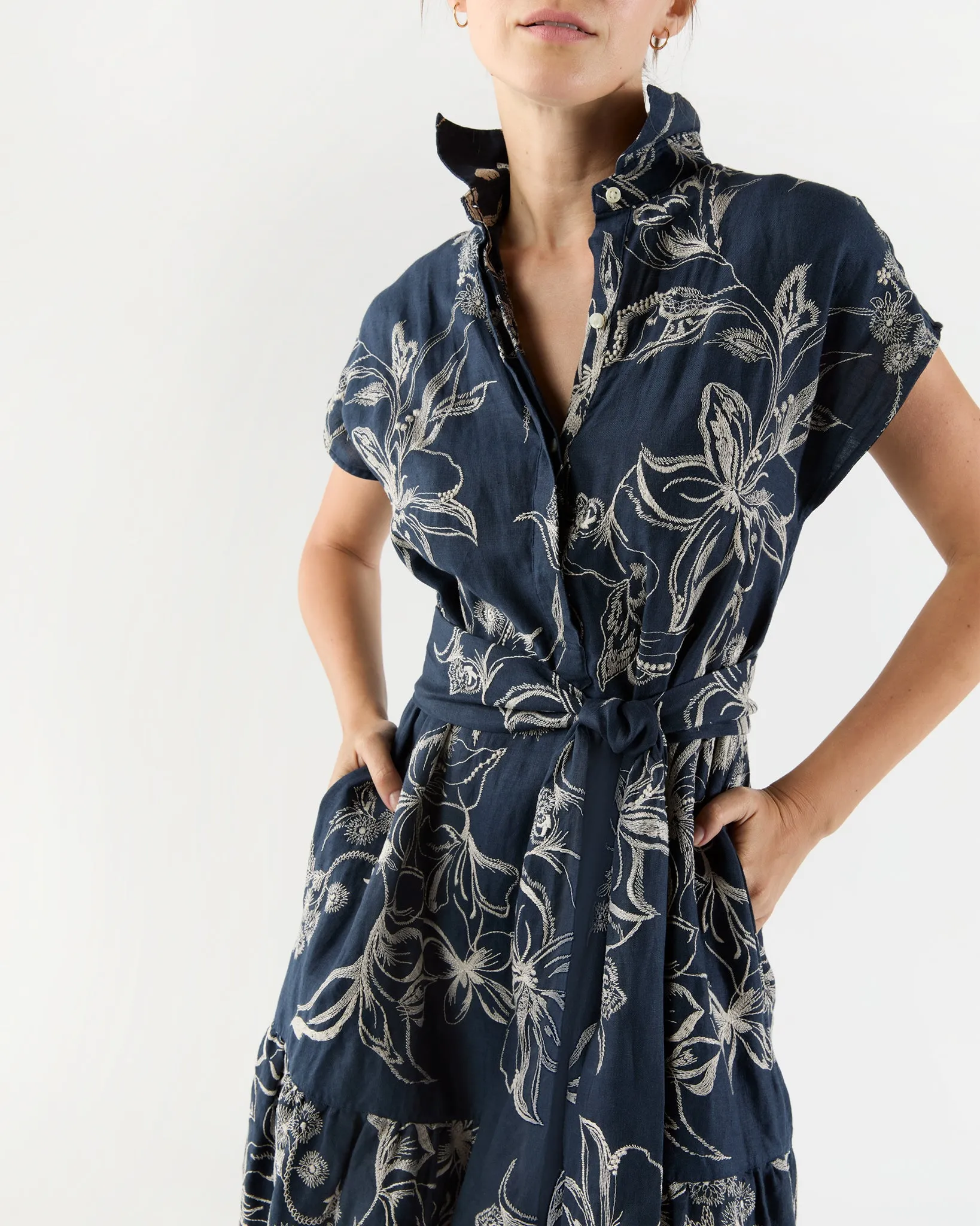 Sophia Popover Dress in Navy/Natural Embroidered Floral Linen sold by Mashburn product image thumbnail 2