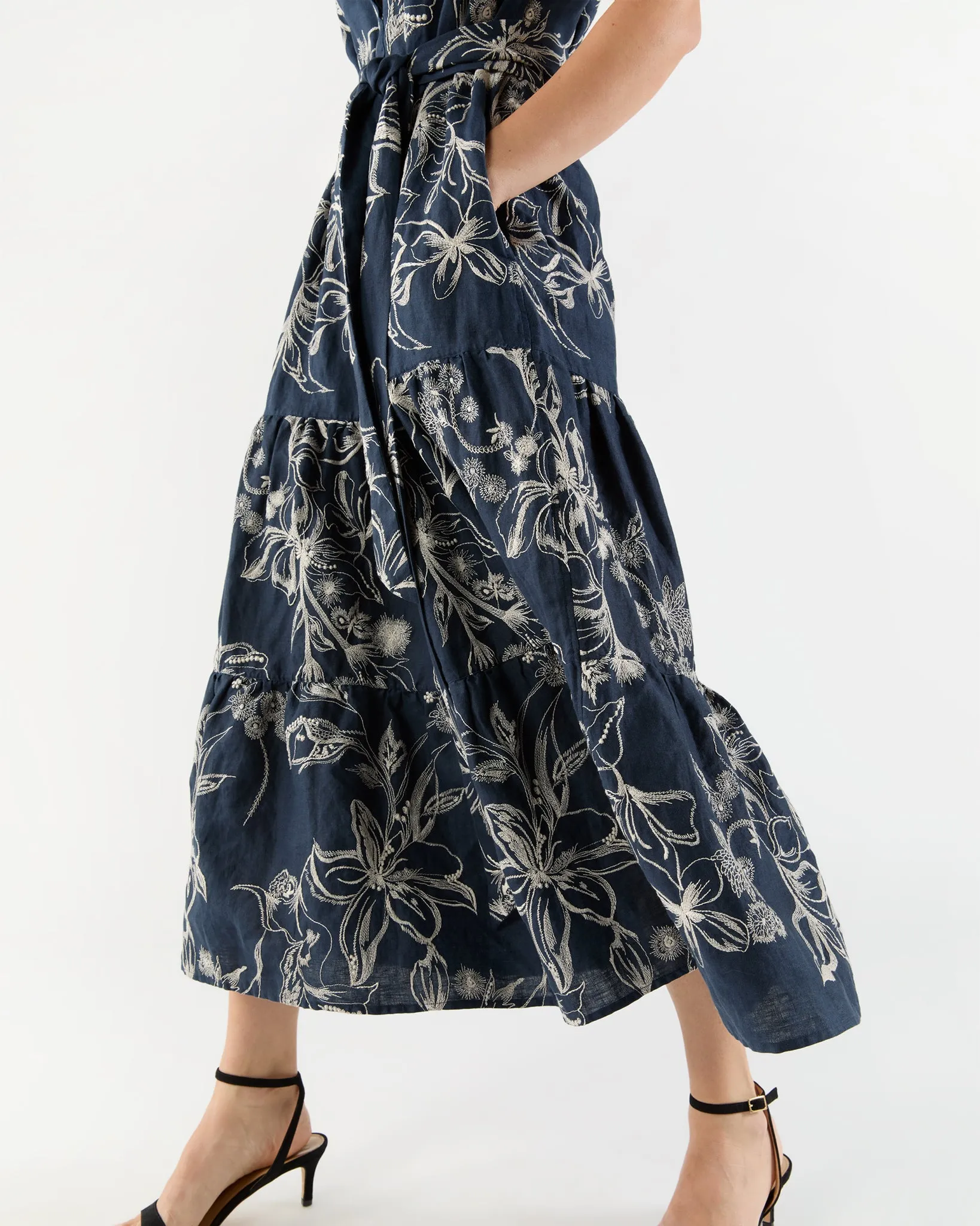 Sophia Popover Dress in Navy/Natural Embroidered Floral Linen sold by Mashburn product image thumbnail 4