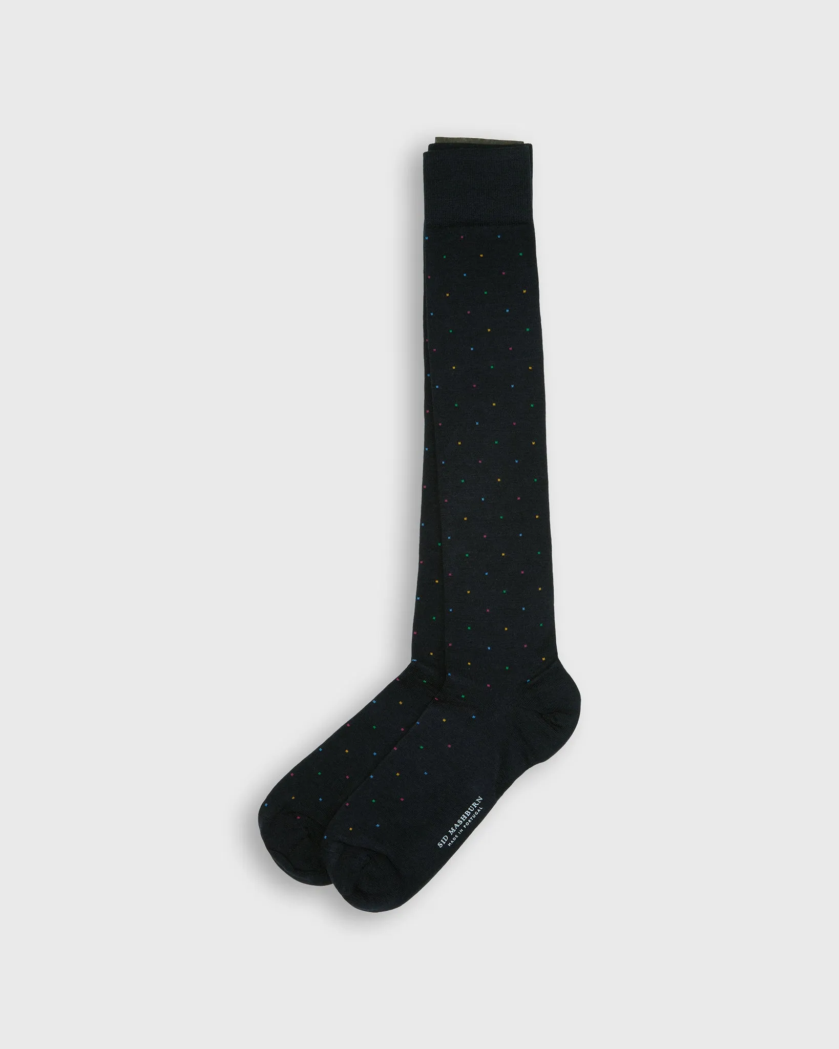 Over-The-Calf Dress Socks in Navy/Multi Dot Extra Fine Merino sold by Mashburn