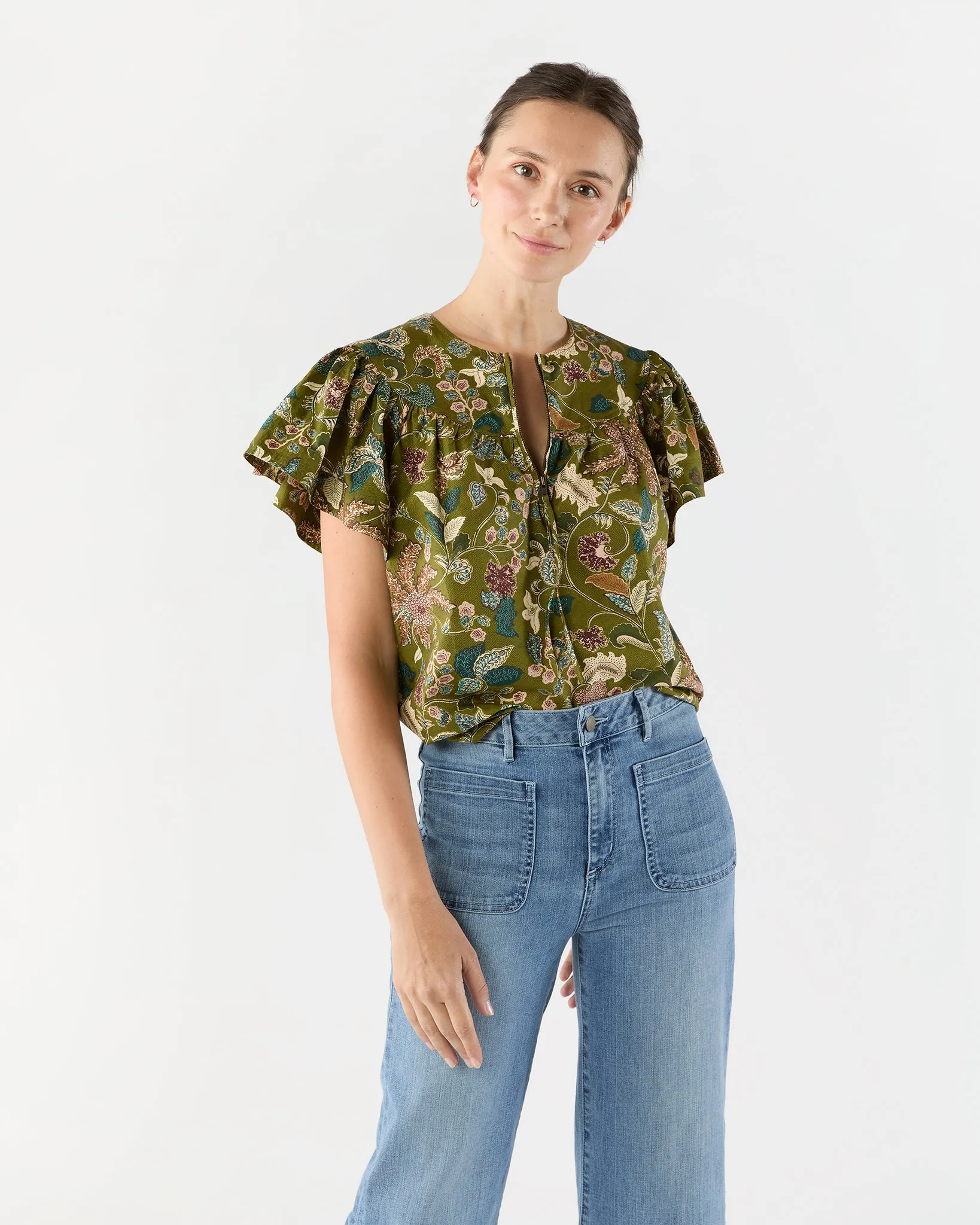 Perline Flutter Sleeve Blouse in Lichen sold by Mashburn
