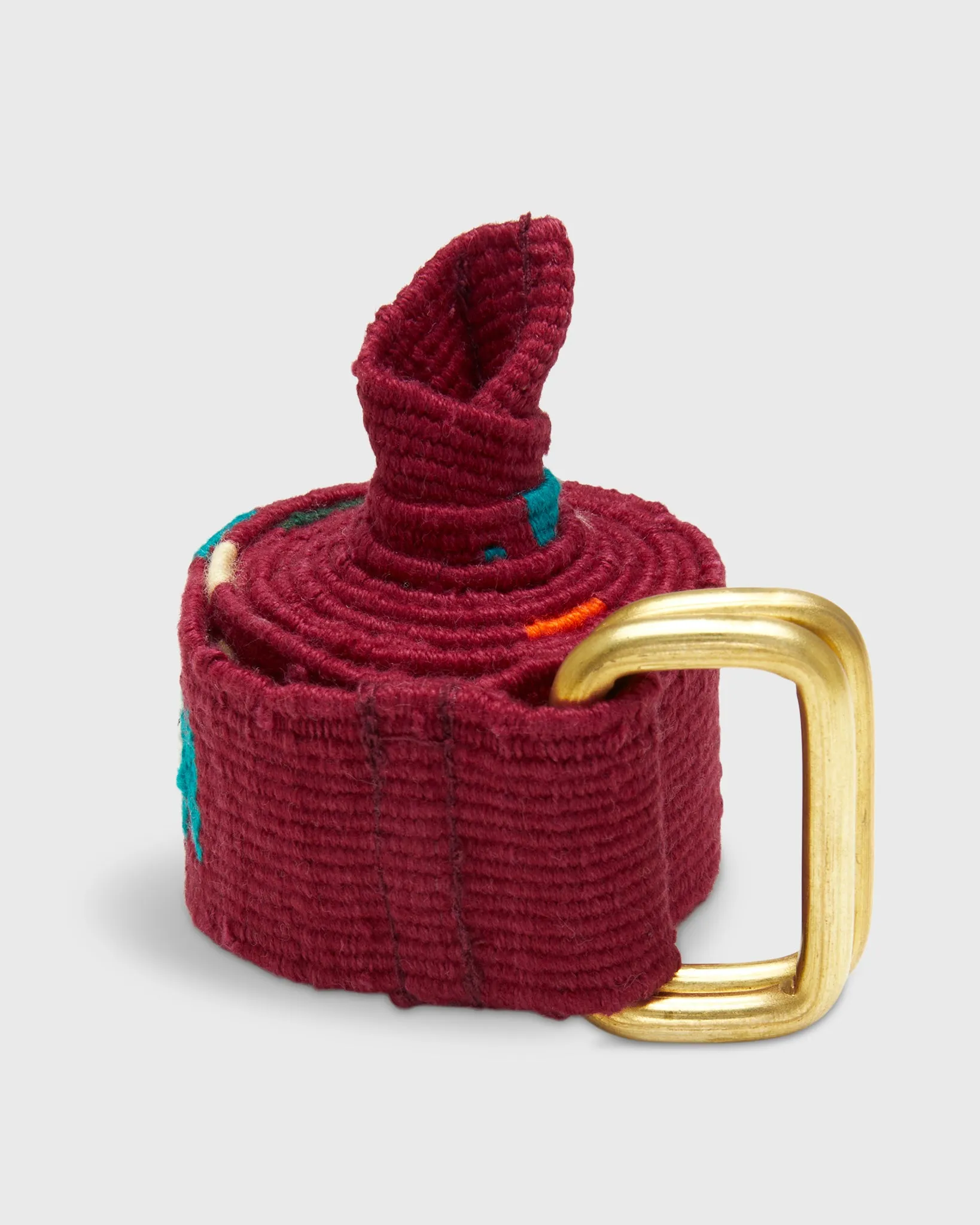 Hand-Loomed D-Ring Belt in Burgundy/Blue Tribal sold by Mashburn