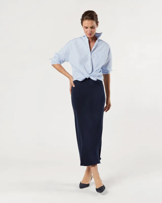 Mare Slip Skirt in Navy Silk Crepe de Chine sold by Mashburn