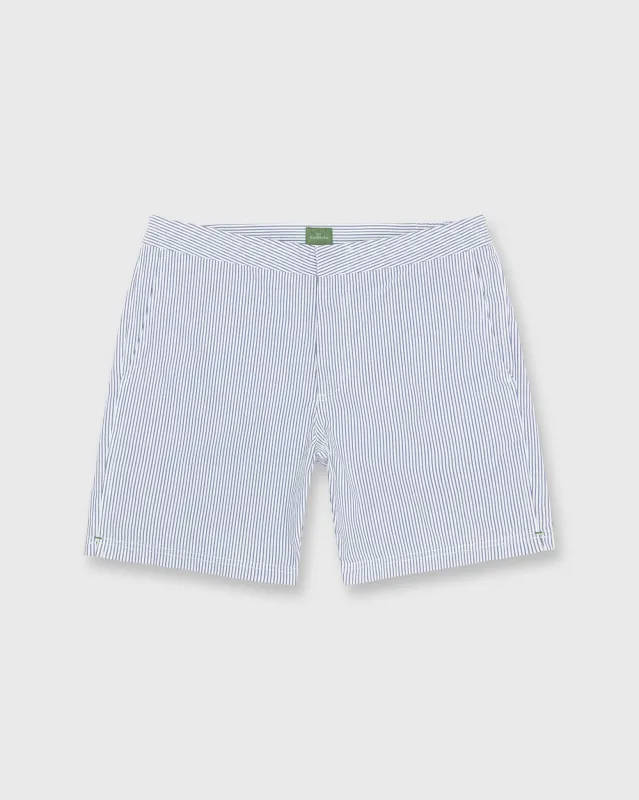 Zip-Front Mid-Length Swim Short in Blue/White Seersucker sold by Mashburn