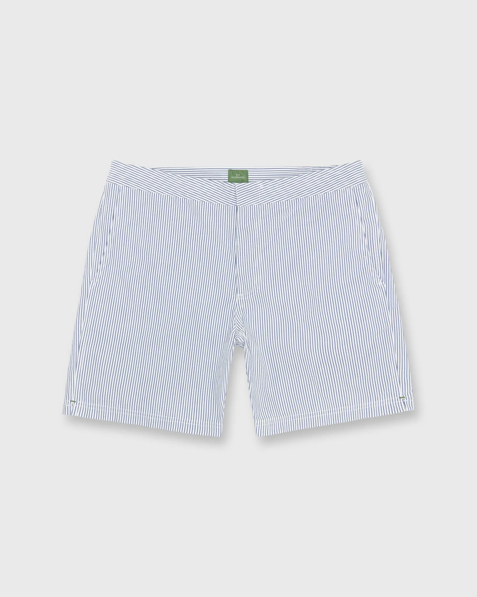 Zip-Front Mid-Length Swim Short in Blue/White Seersucker sold by Mashburn