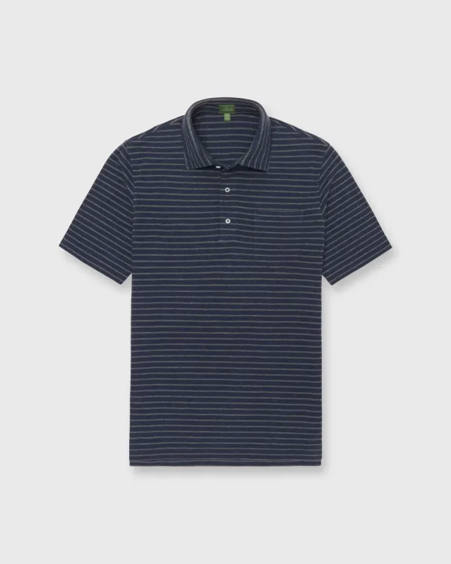 Short-Sleeved Polo in Heather Denim/Heather Graphite Stripe Pima Pique sold by Mashburn