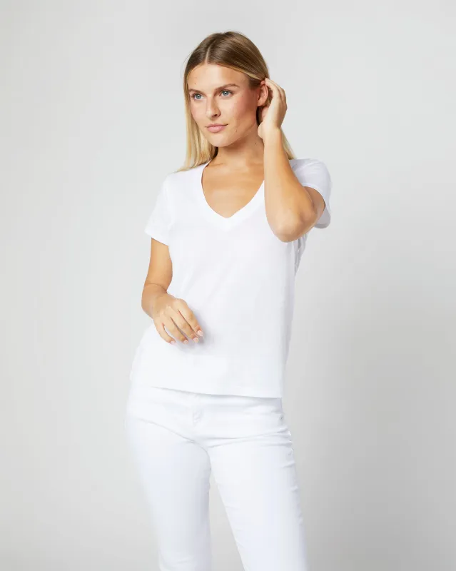 Short-Sleeved Deep-V Tee in White Pima Cotton sold by Mashburn