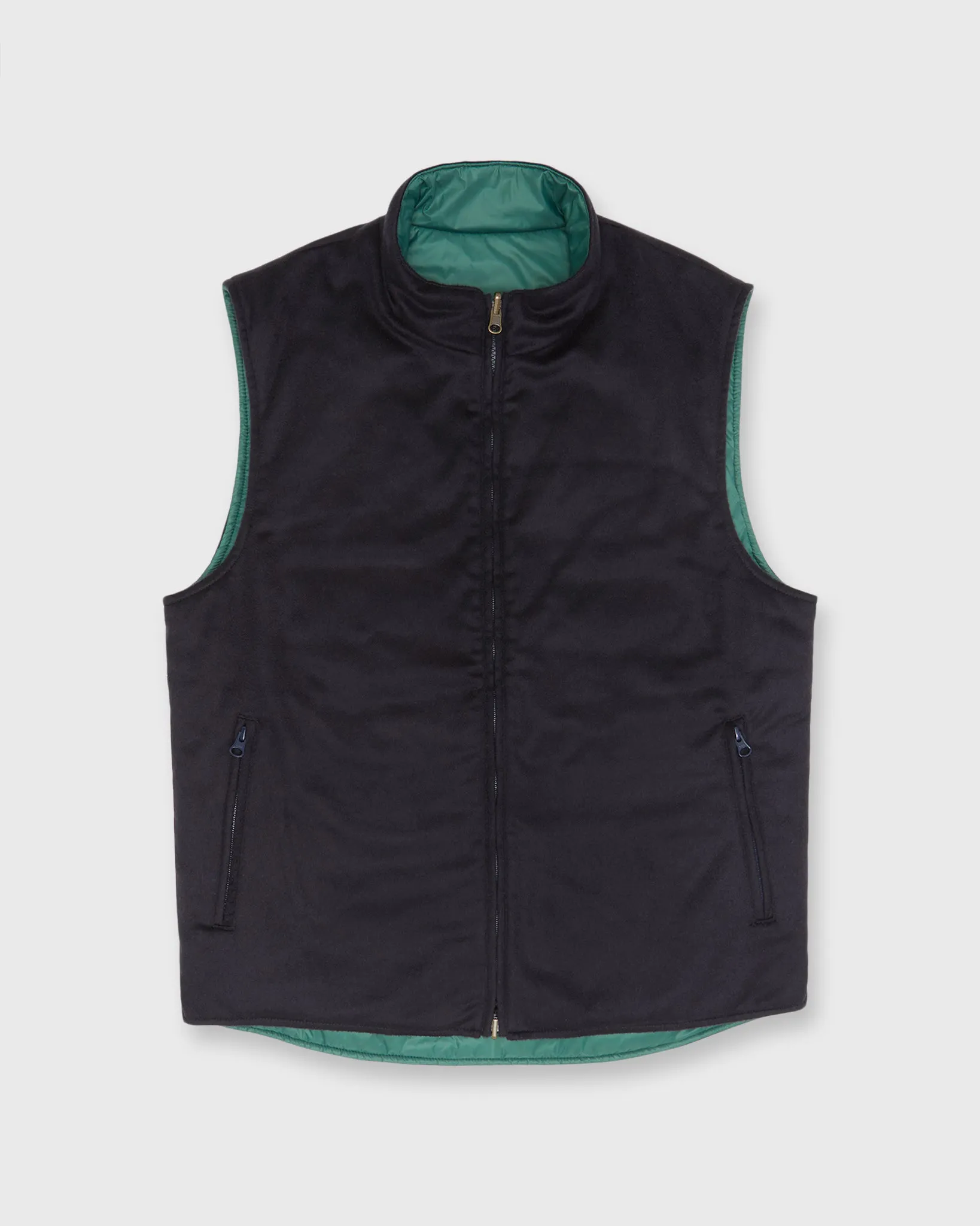Reversible Cashpad Zip Vest in Spruce Nylon/Navy Cashmere Flannel sold by Mashburn