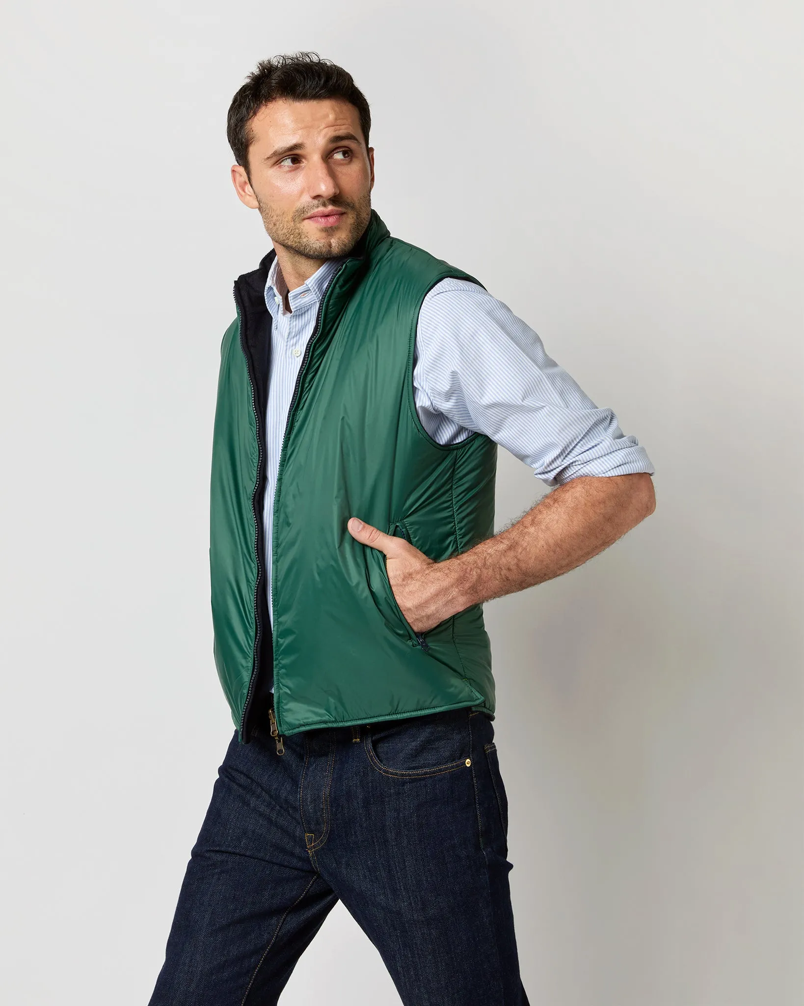 Reversible Cashpad Zip Vest in Spruce Nylon/Navy Cashmere Flannel sold by Mashburn product image thumbnail 3