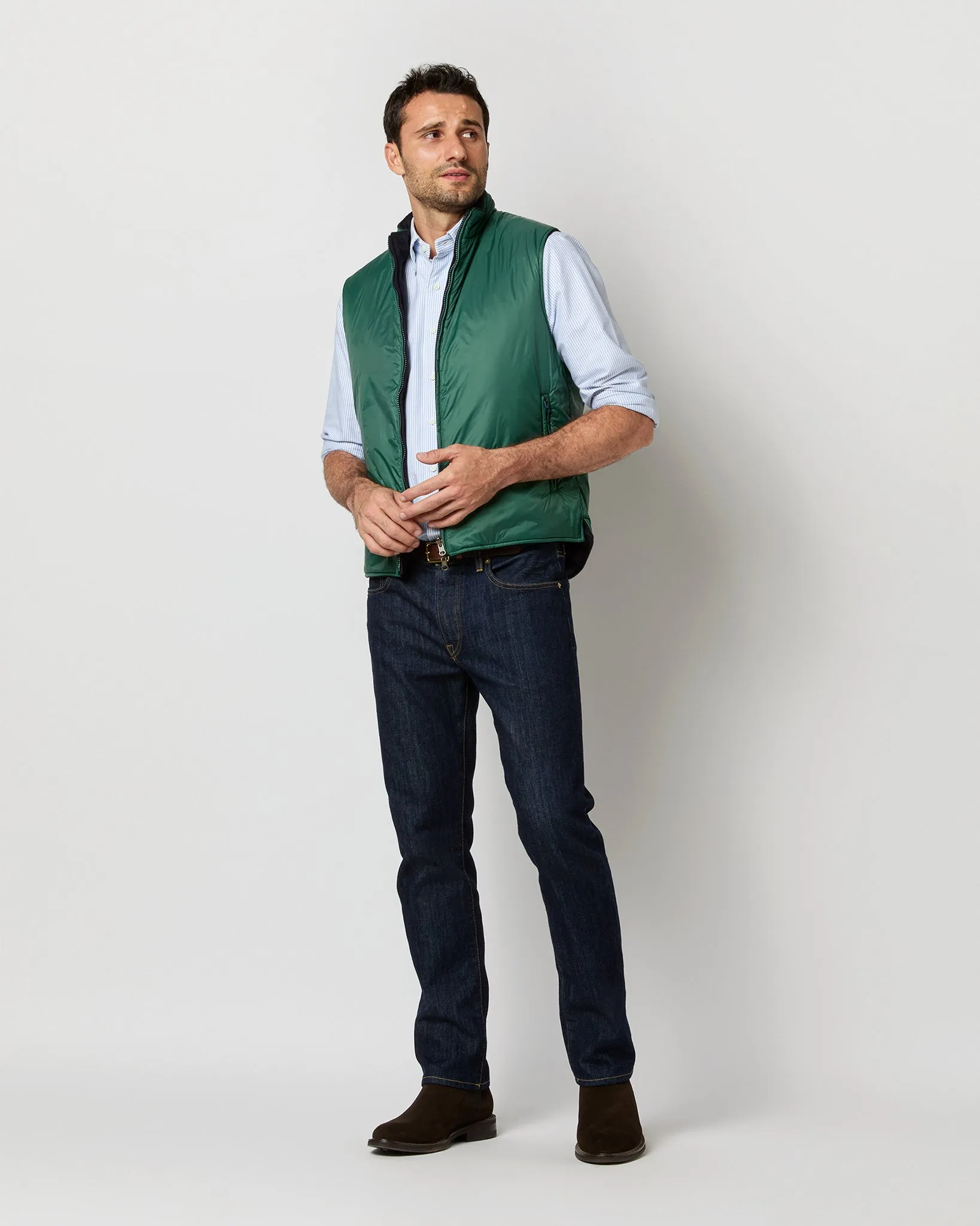 Reversible Cashpad Zip Vest in Spruce Nylon/Navy Cashmere Flannel sold by Mashburn product image thumbnail 5