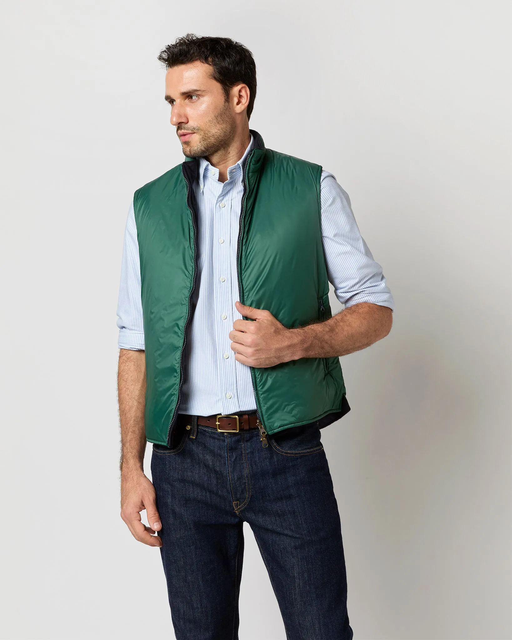 Reversible Cashpad Zip Vest in Spruce Nylon/Navy Cashmere Flannel sold by Mashburn product image thumbnail 2