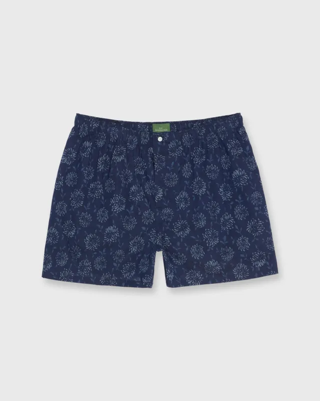 Button-Front Boxer Short in Navy/Slate Floral Print Linen Poplin sold by Mashburn