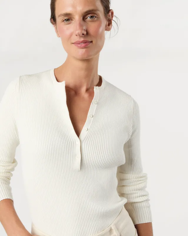 Long-Sleeved Nia Ribbed Henley in Ivory Cotton/Silk sold by Mashburn