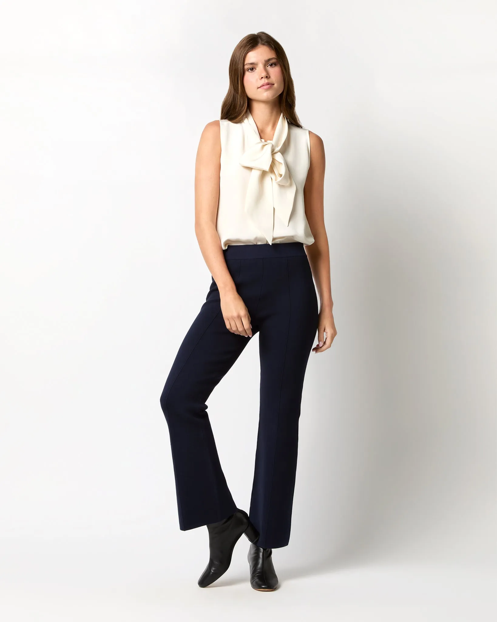 Lara Knit Flare Cropped Pant in Navy Supima Cotton sold by Mashburn