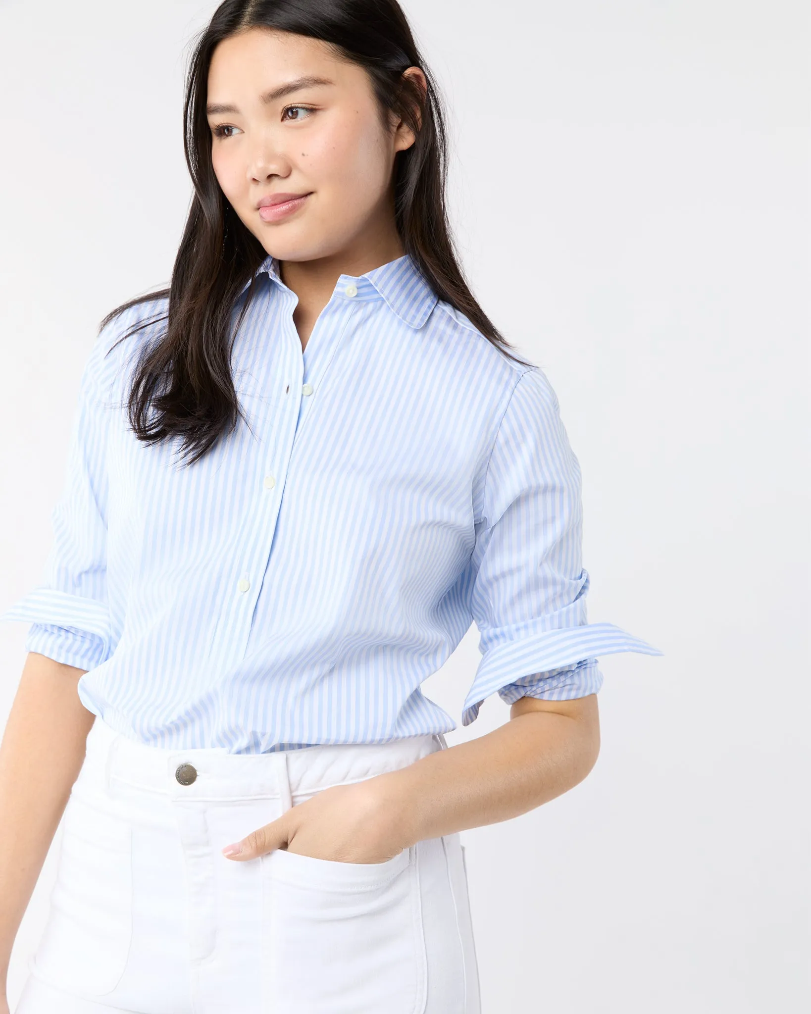 Tomboy Club Popover Shirt in Sky/White Awning Stripe Poplin sold by Mashburn