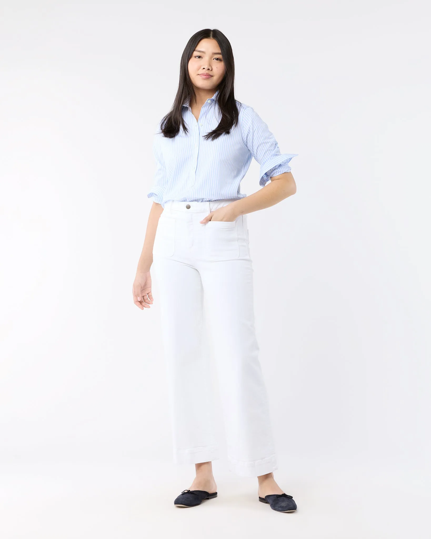 Tomboy Club Popover Shirt in Sky/White Awning Stripe Poplin sold by Mashburn product image thumbnail 3