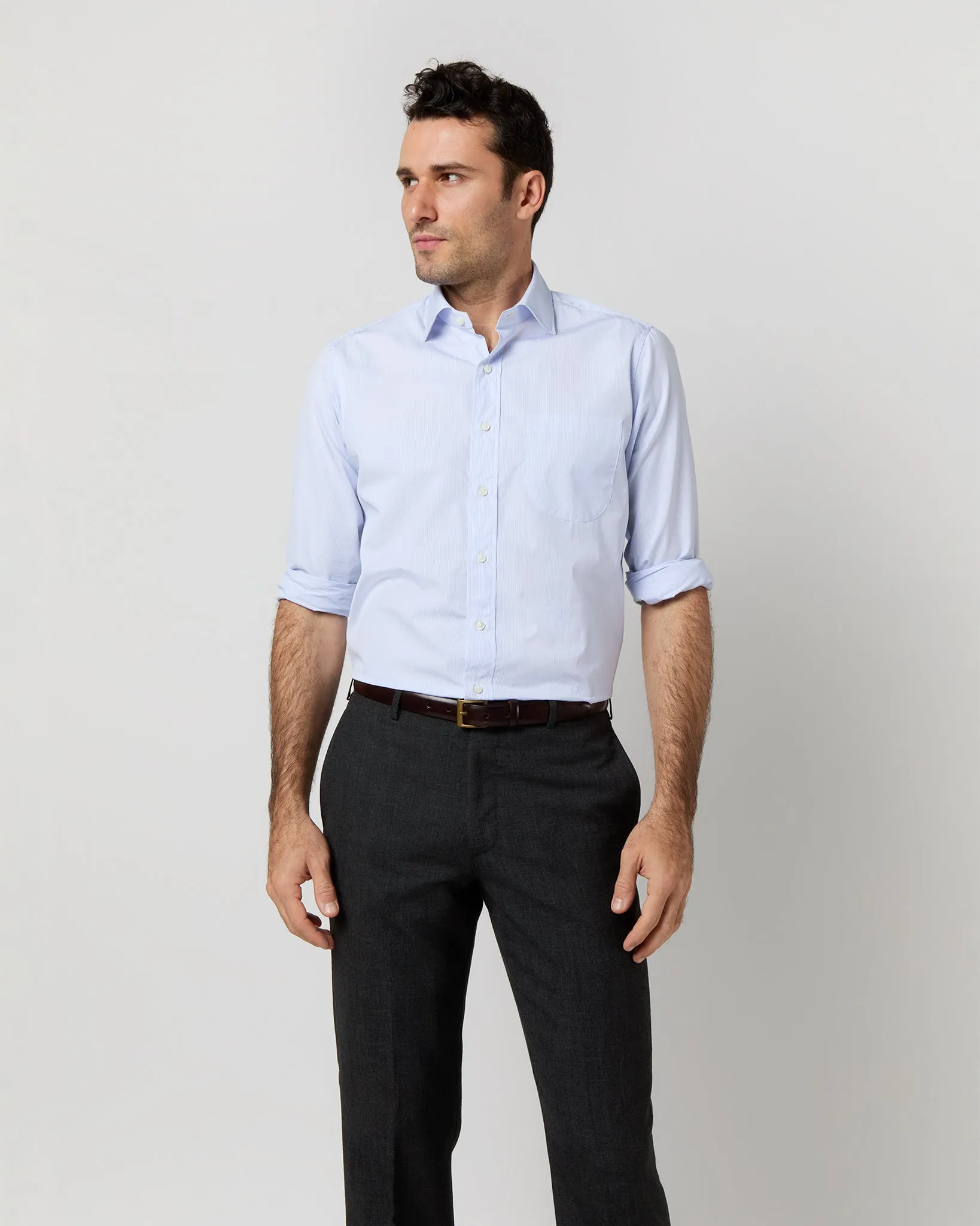 Spread Collar Dress Shirt in Sky Small Bengal Stripe Poplin sold by Mashburn product image thumbnail 2