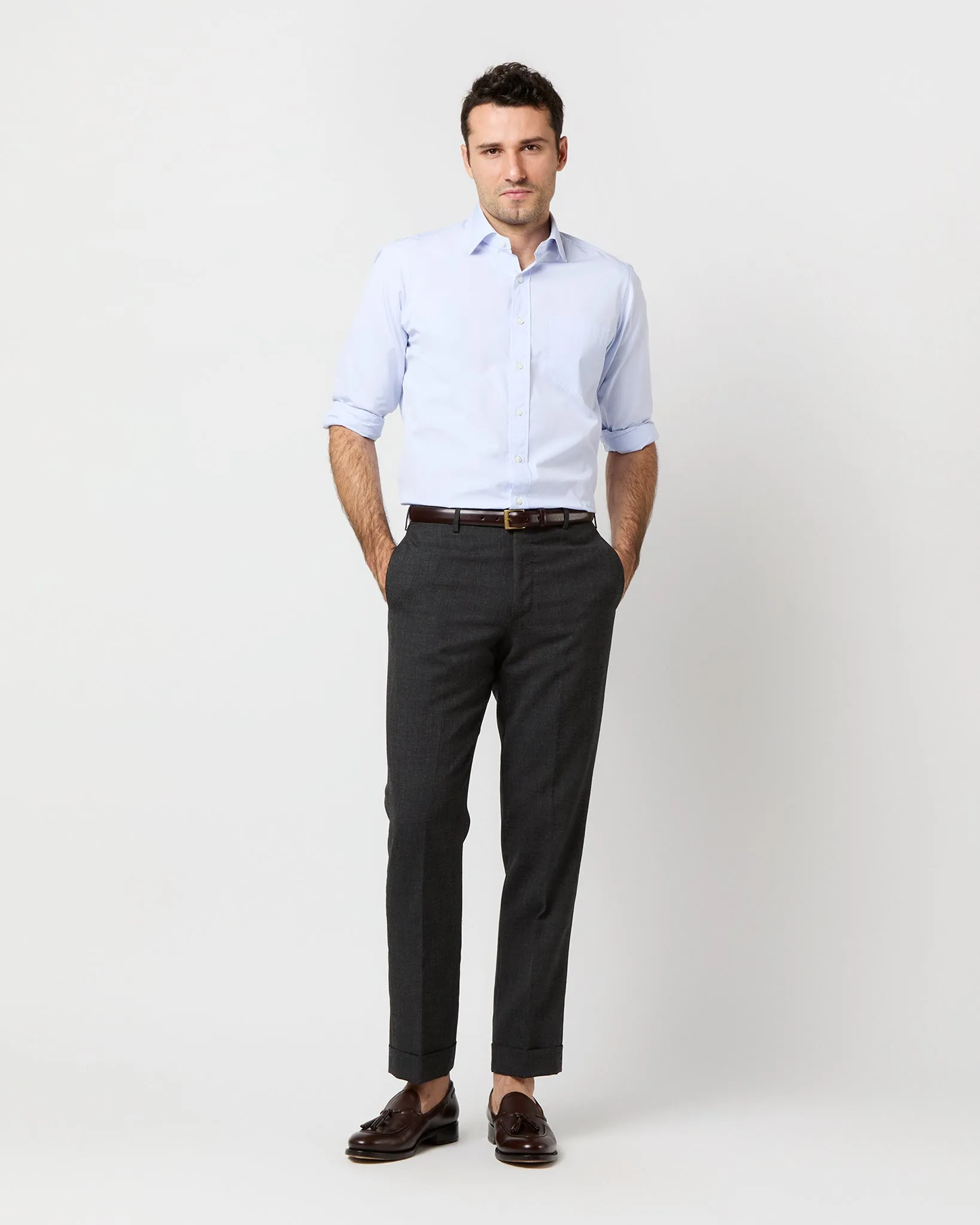 Spread Collar Dress Shirt in Sky Small Bengal Stripe Poplin sold by Mashburn product image thumbnail 3