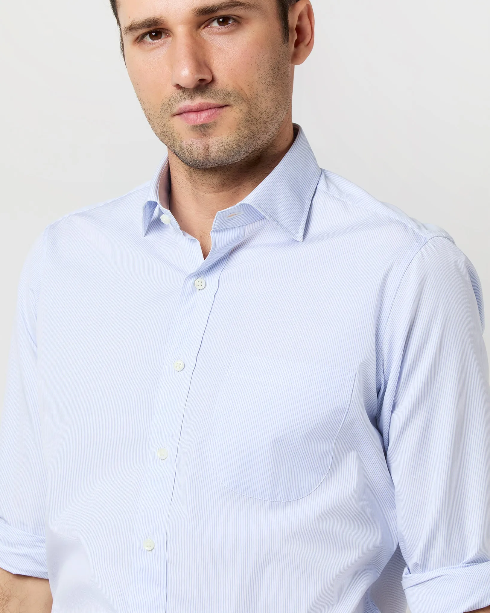 Spread Collar Dress Shirt in Sky Small Bengal Stripe Poplin sold by Mashburn product image thumbnail 4