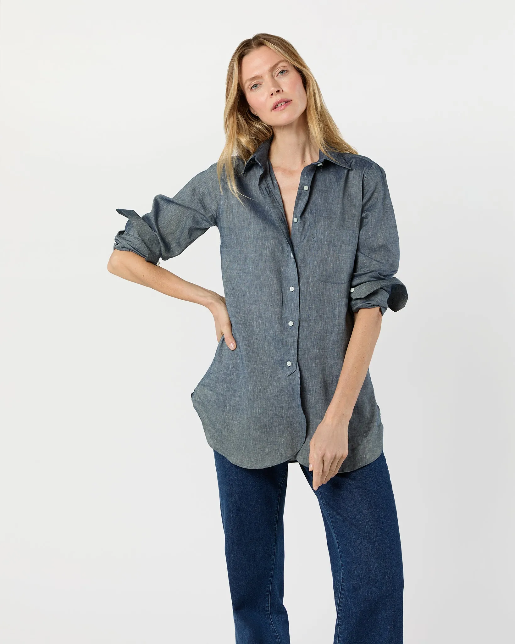 Boyfriend Shirt in Indigo Cotolino Chambray sold by Mashburn