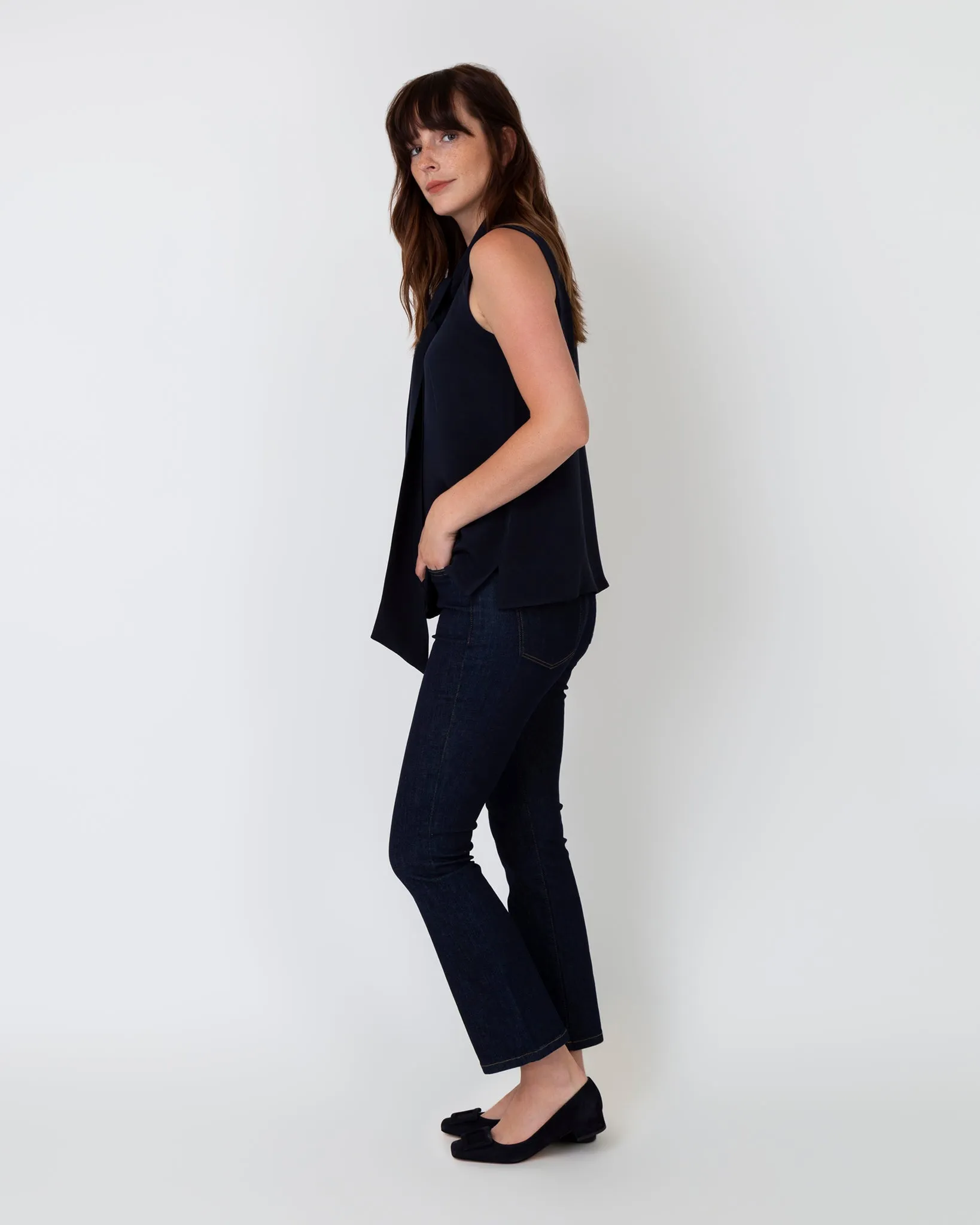 Sleeveless Tie-Neck Blouse in Navy Silk Crepe de Chine sold by Mashburn product image thumbnail 3