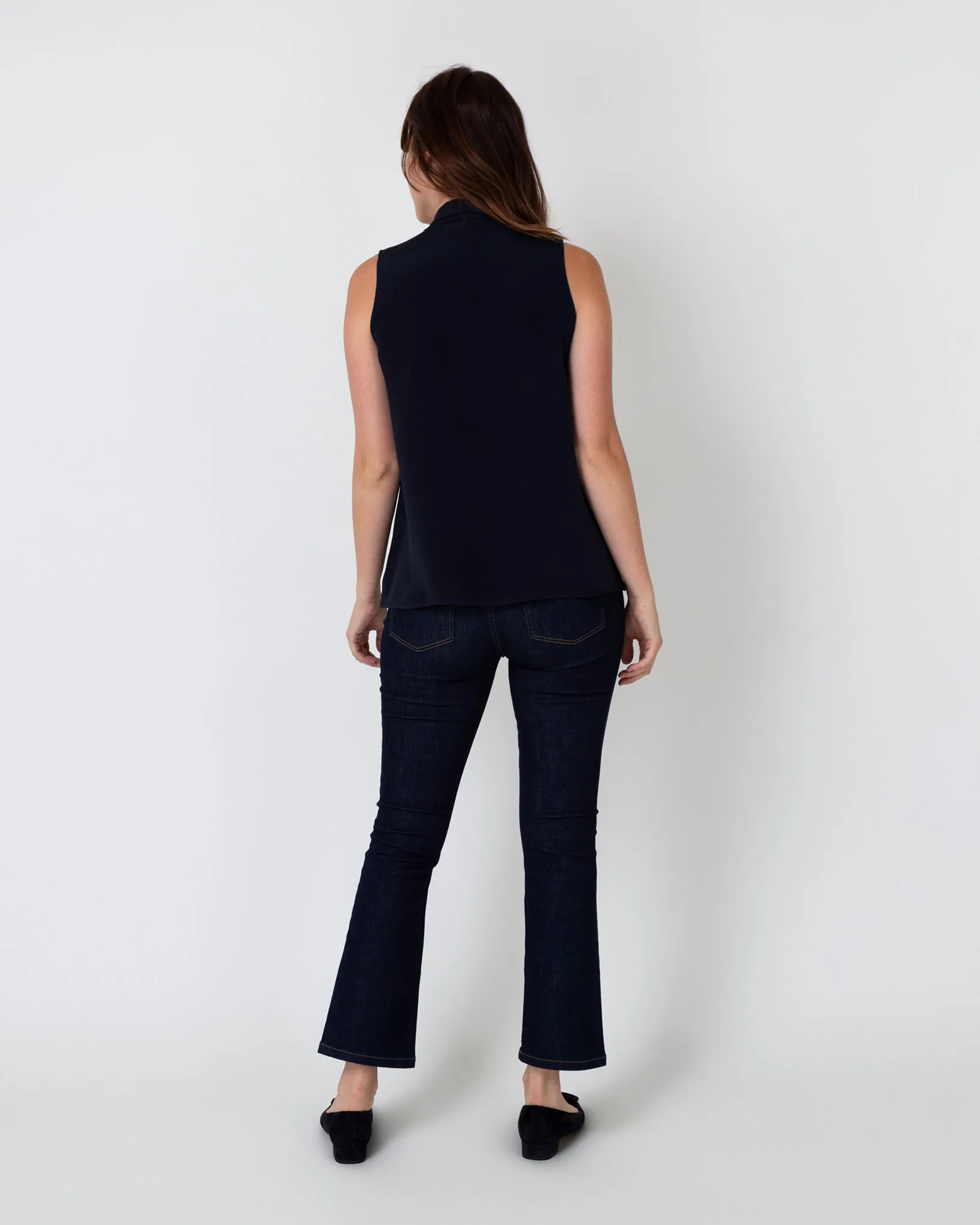 Sleeveless Tie-Neck Blouse in Navy Silk Crepe de Chine sold by Mashburn product image thumbnail 4