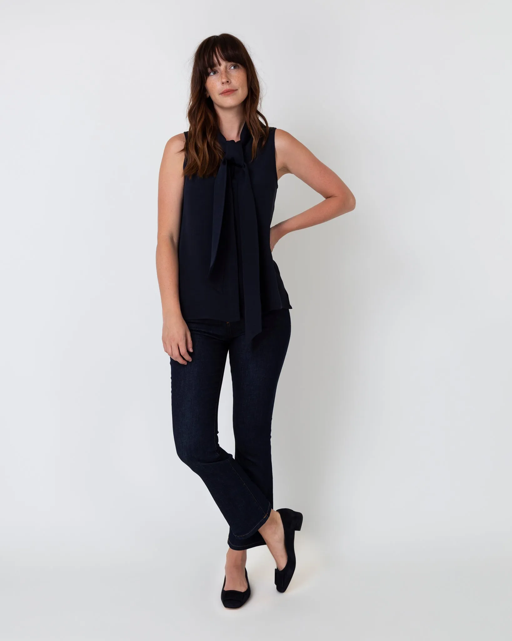 Sleeveless Tie-Neck Blouse in Navy Silk Crepe de Chine sold by Mashburn product image thumbnail 2