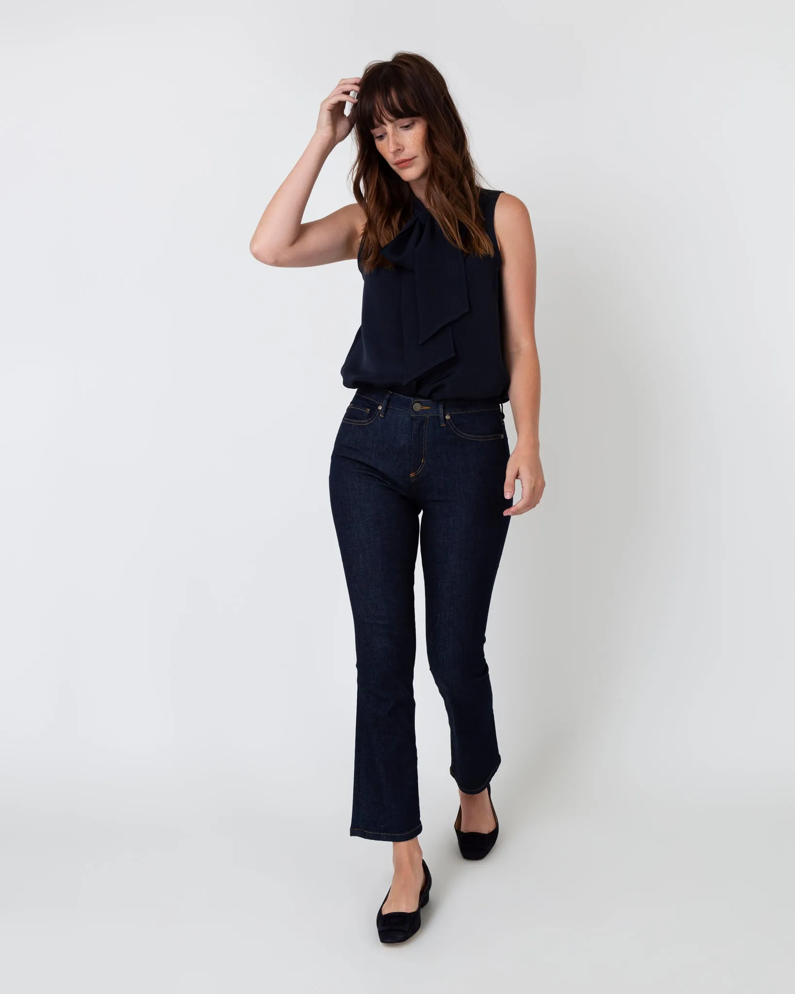 Sleeveless Tie-Neck Blouse in Navy Silk Crepe de Chine sold by Mashburn product image thumbnail 5